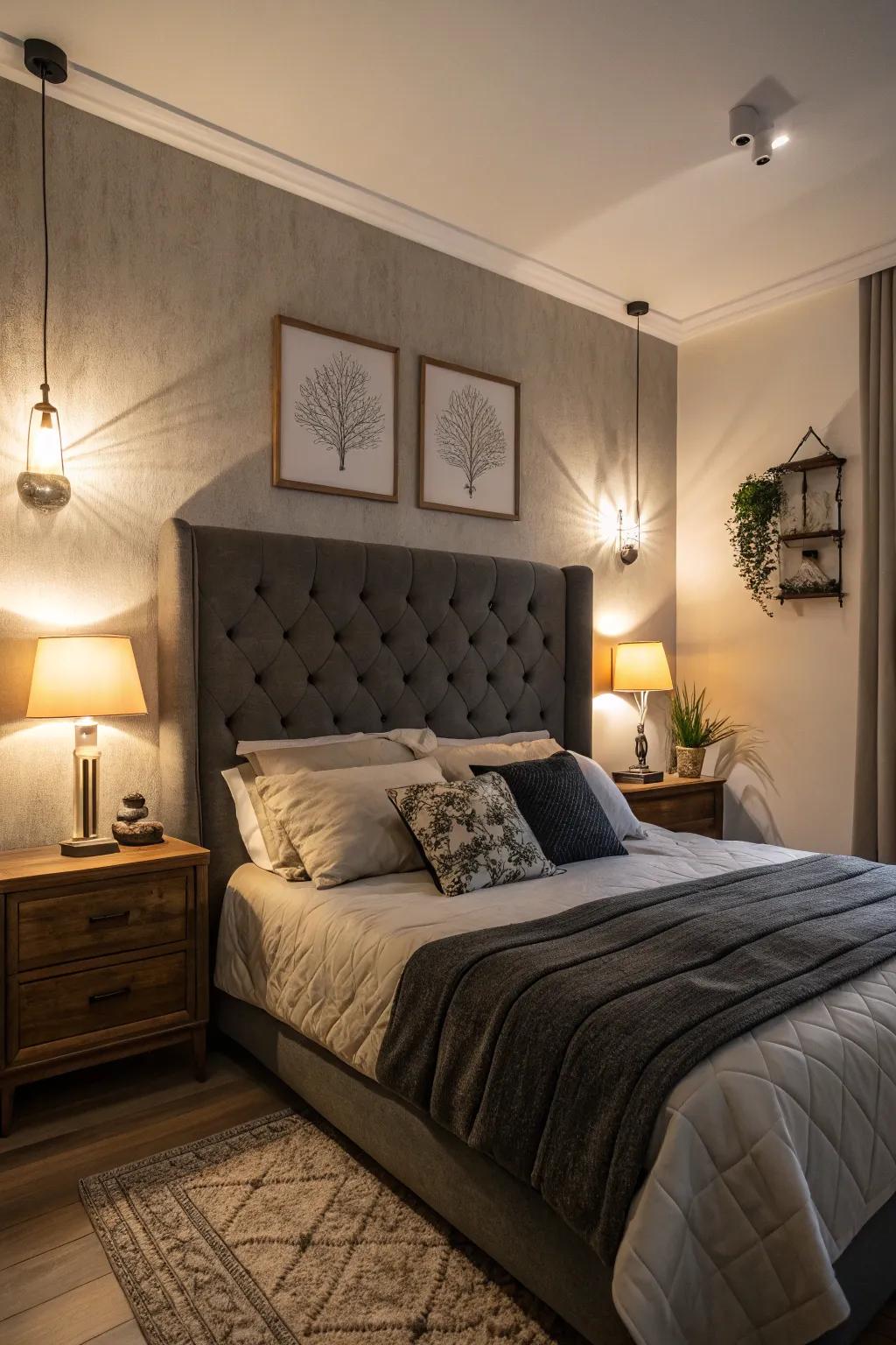 Gentle illumination enhances the cozy ambiance of a inky grey headboard.