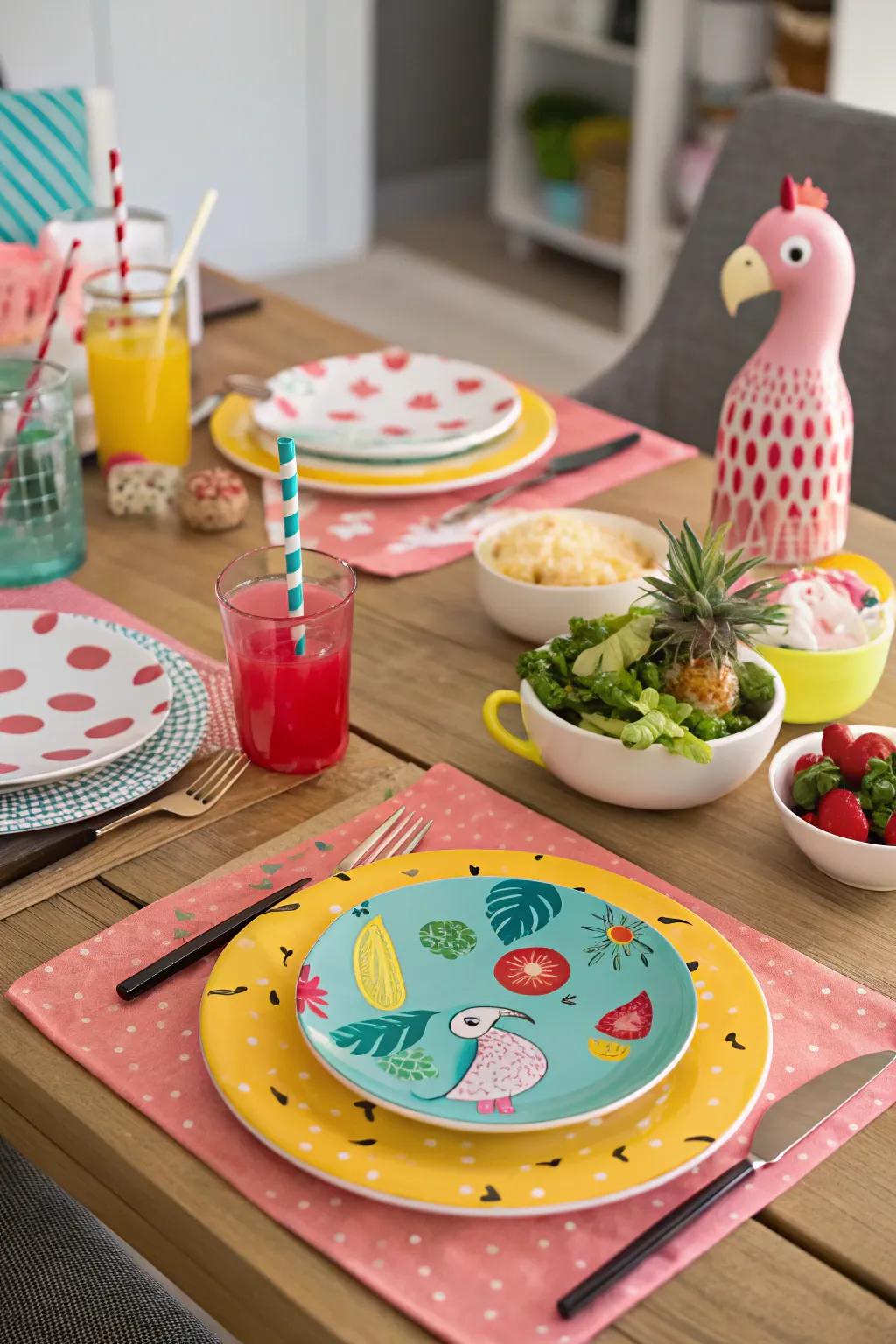 Whimsical charger plates create a playful and fanciful tabletop.