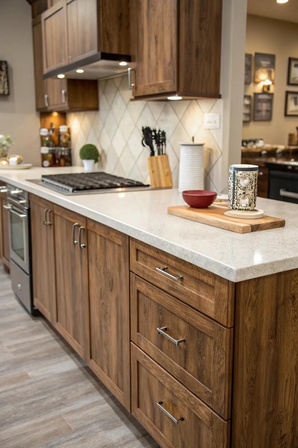 A stylish kitchen shows off its film wrap surfaces.