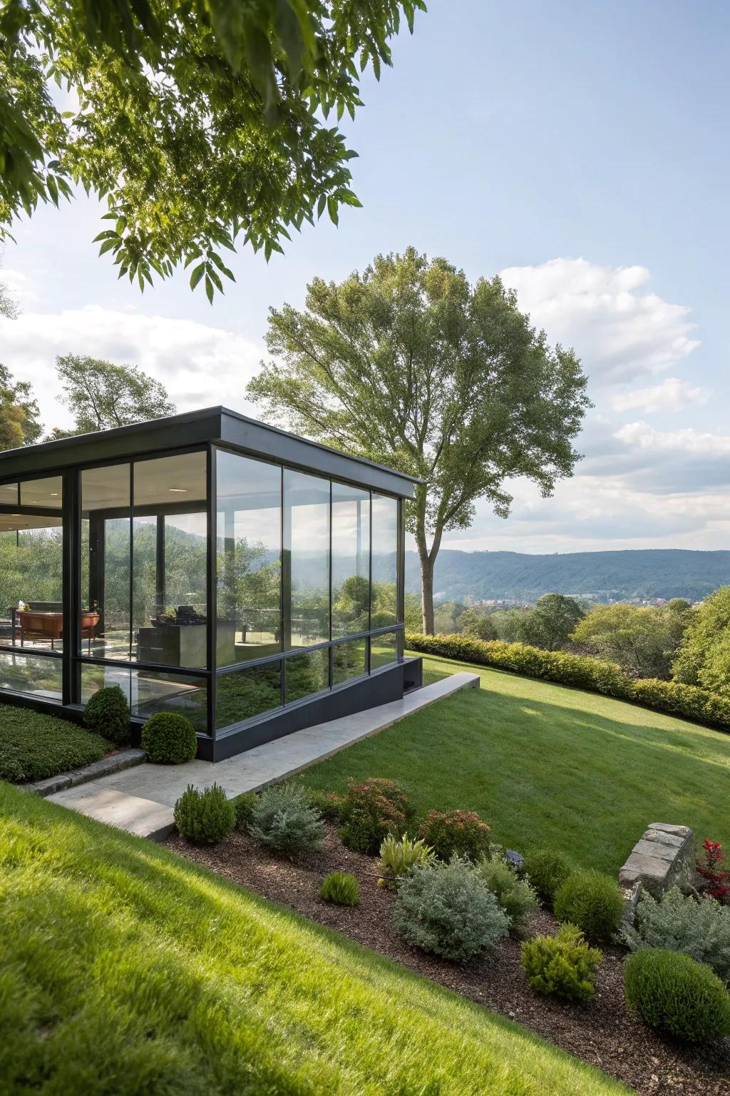 An elegant glass house offering breathtaking views and natural light.