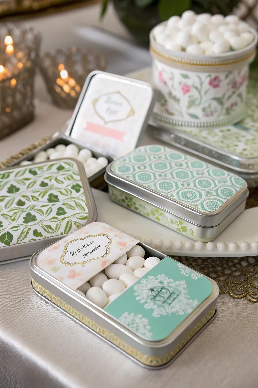 Individual mint tins offer a refreshing and memorable wedding favor.