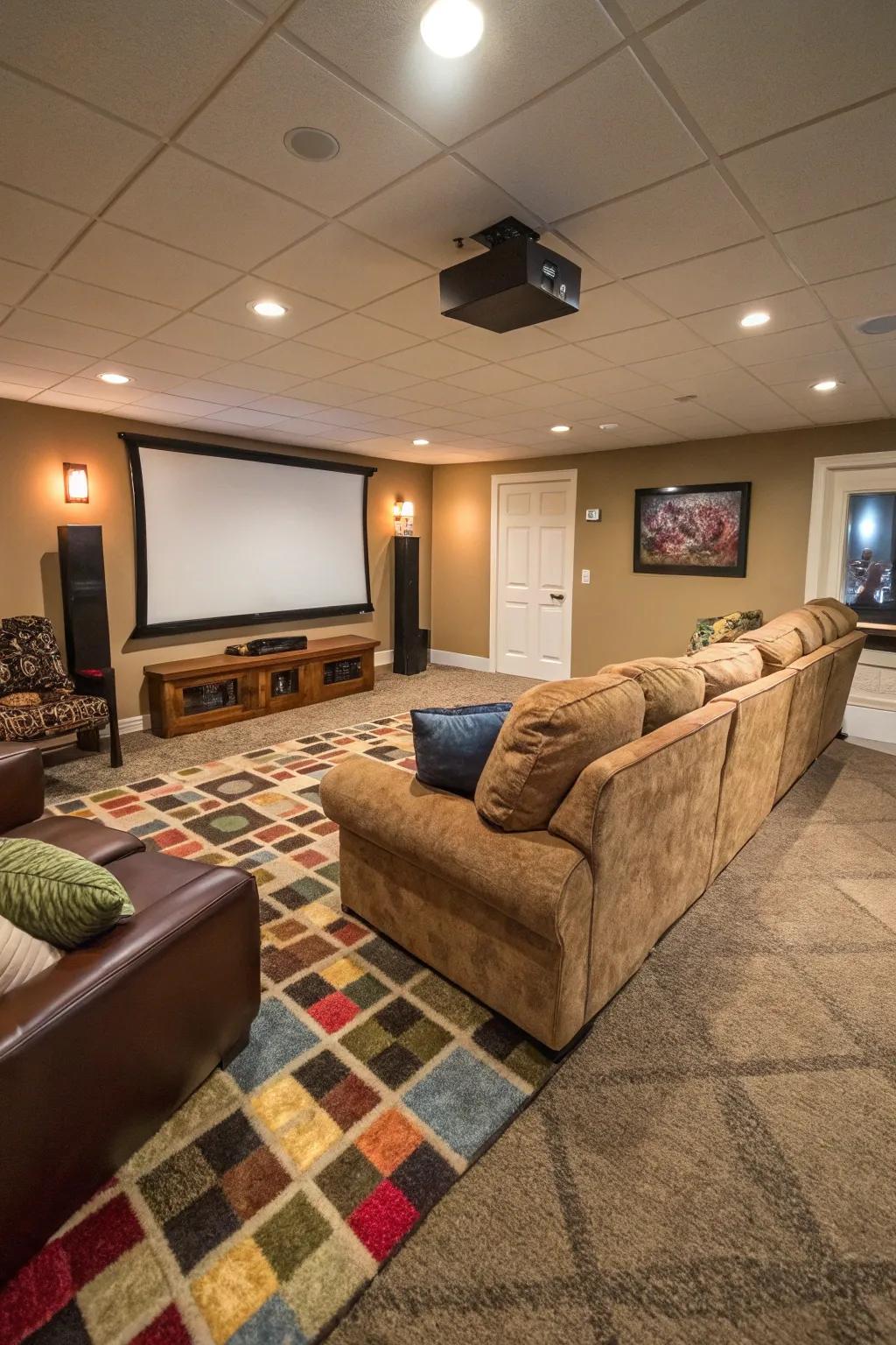 Adhesive carpet squares are a cozy and easy-to-install option for basement media rooms.