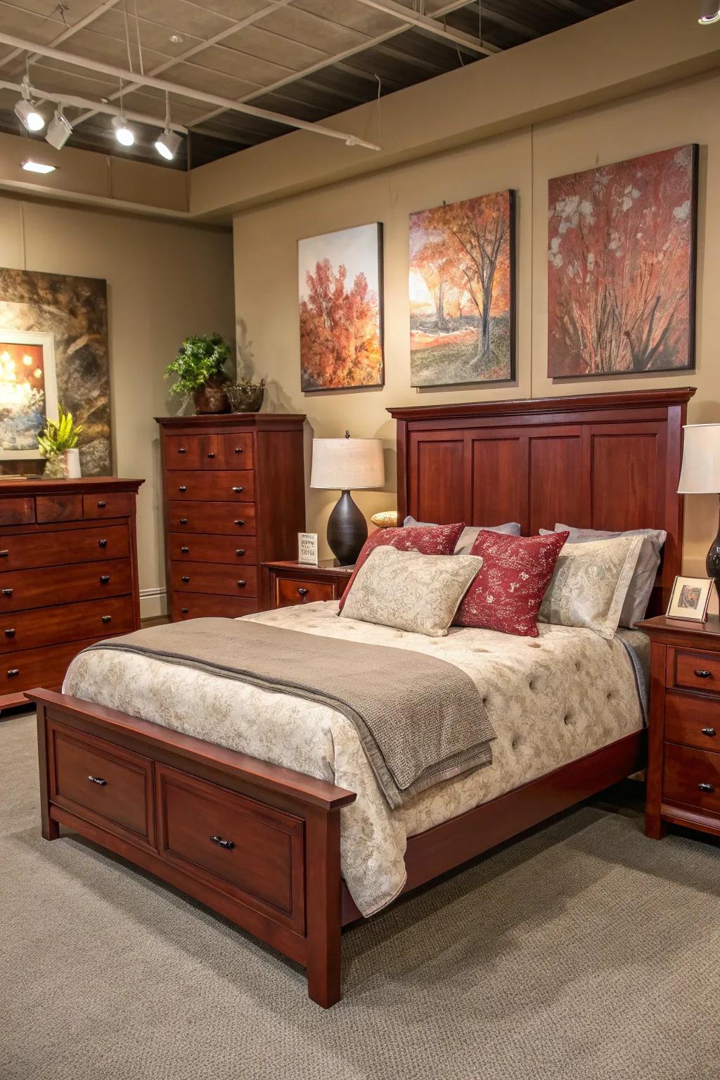 Art pieces imparting character to a walnut wood bedroom.