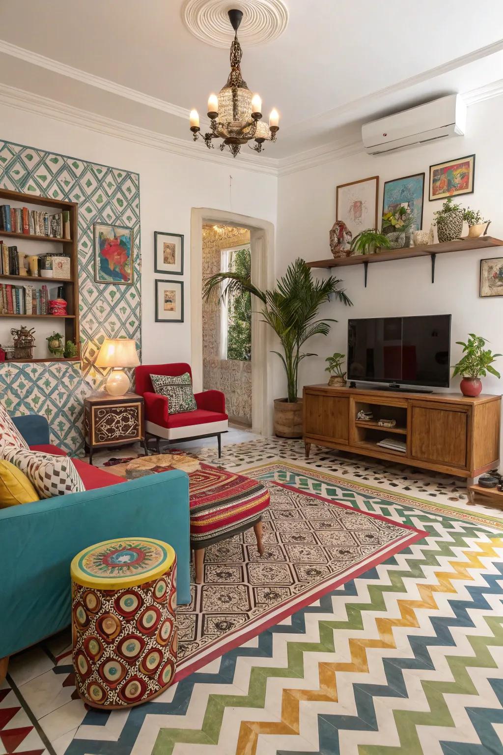 Mixing herringbone with other patterns creates a vibrant and eclectic atmosphere in this lively living room.