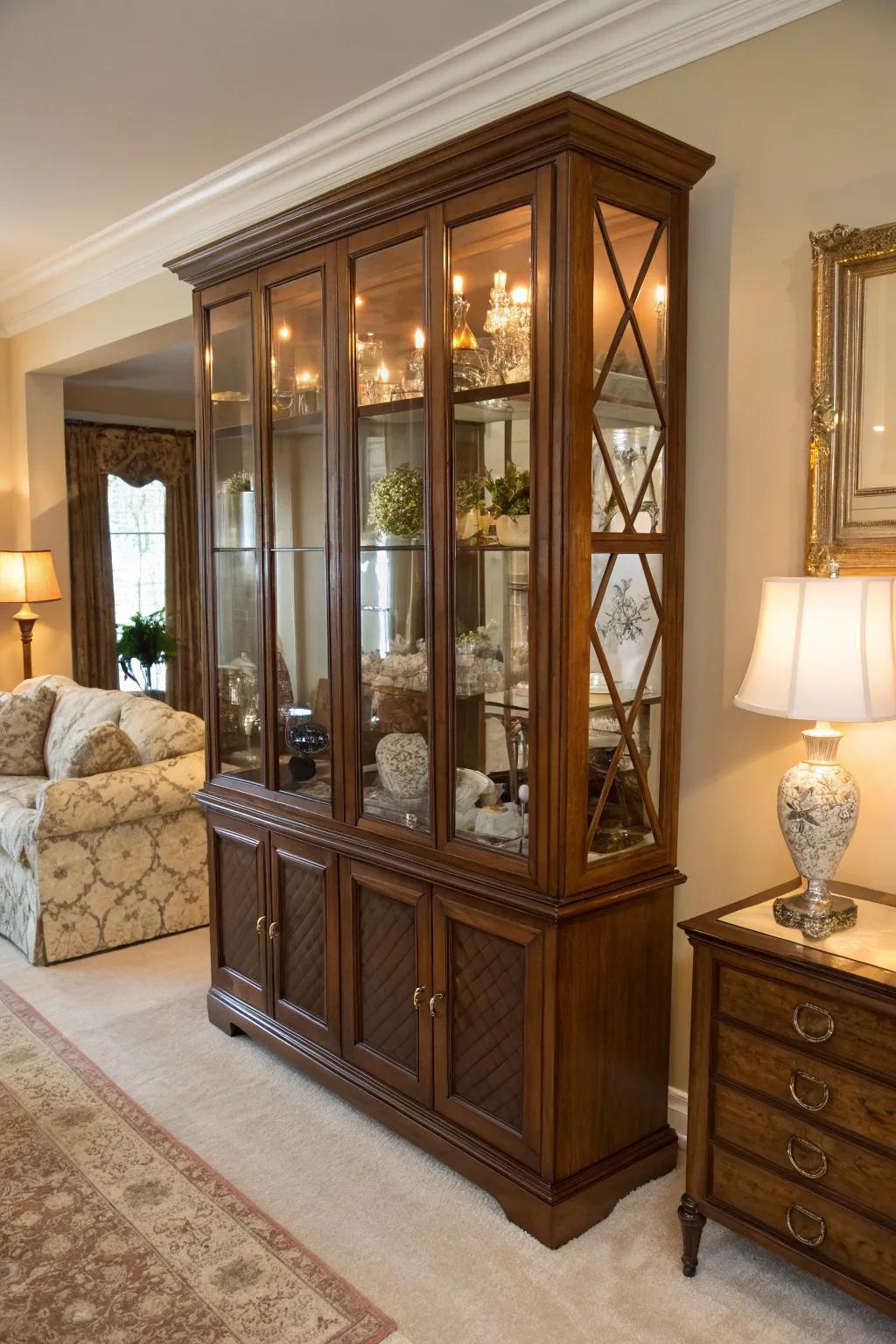 Mirrors add glam and depth to a china cabinet.