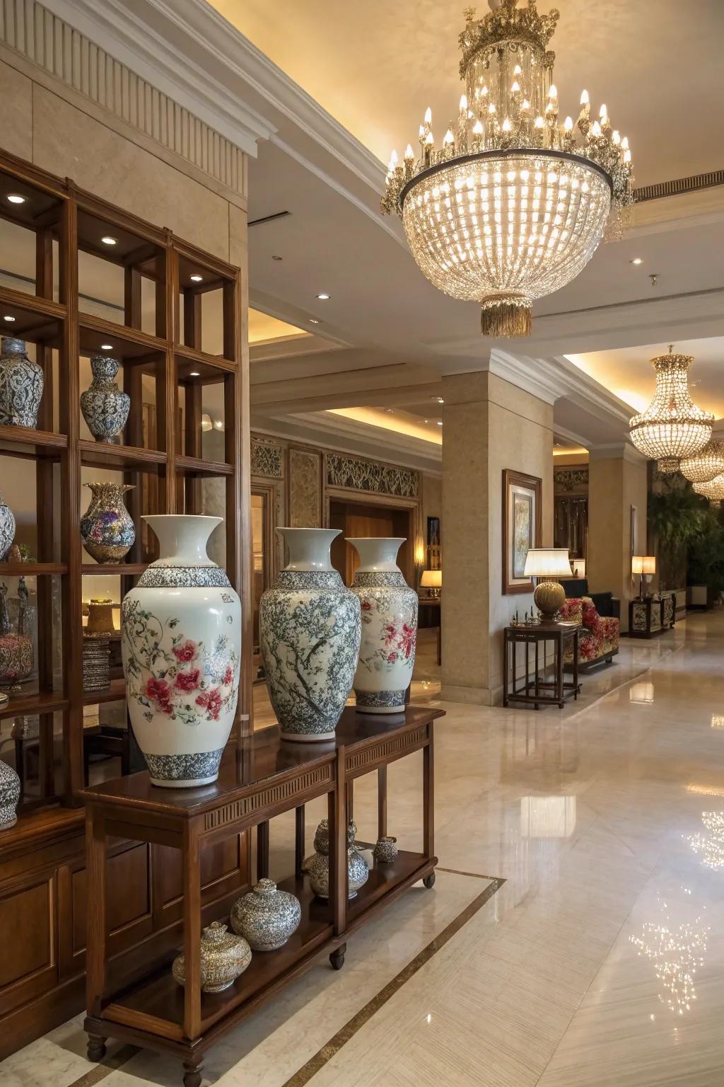 Cultural embellishments through flower holders and pottery enhancing the lobby's decor.