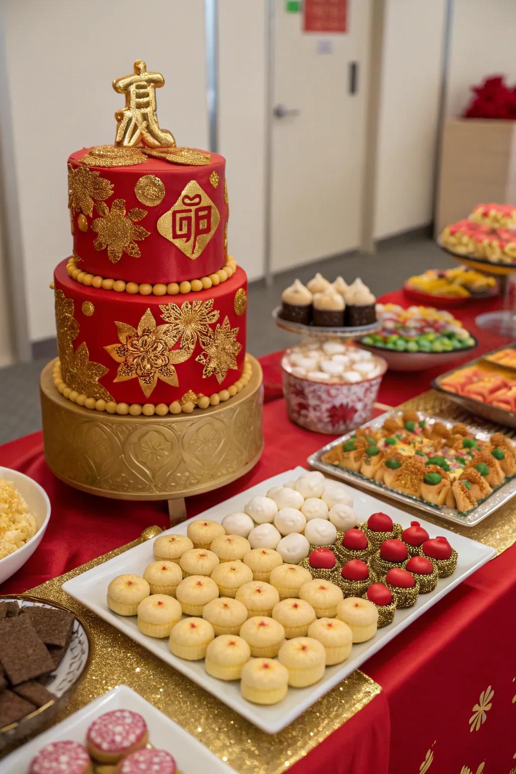 A delectable sweet treats table with a Chinese cultural twist.