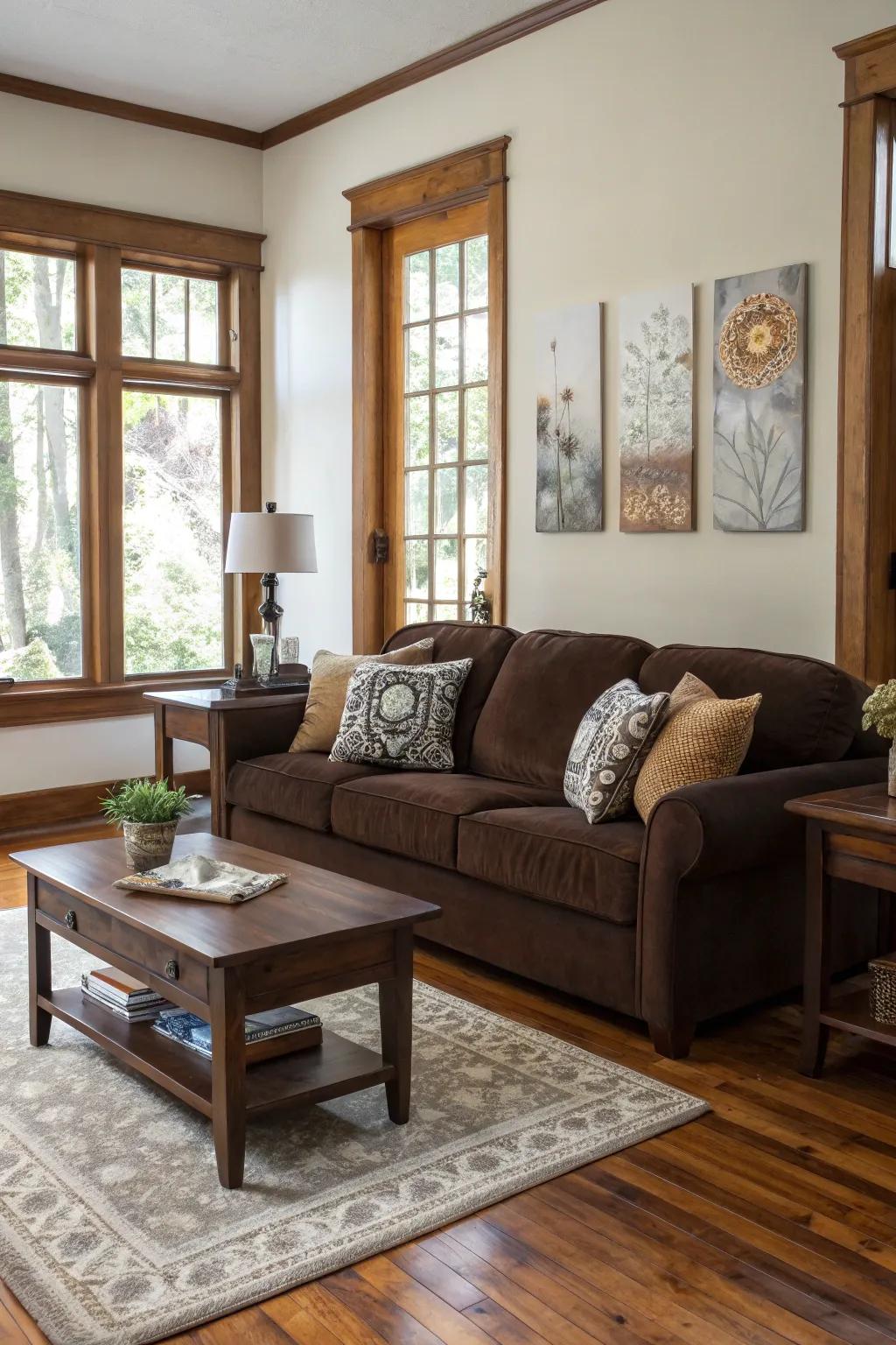 Classic and contemporary elements harmonize around a cocoa sofa.