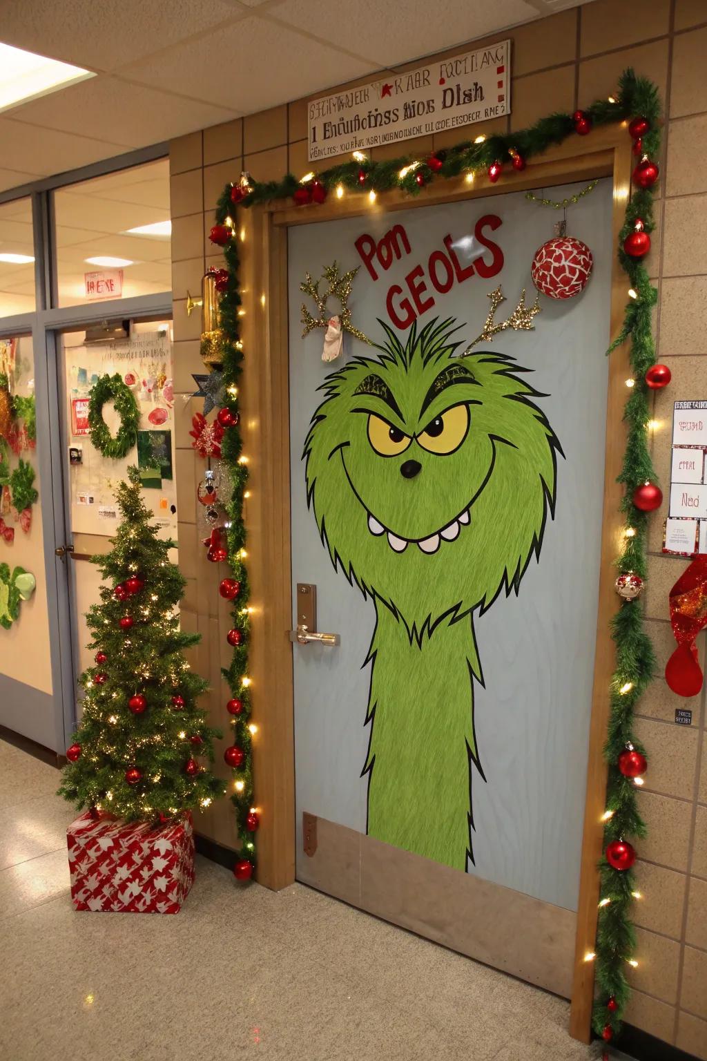 The Grinch's lair adds a playful touch to this door.