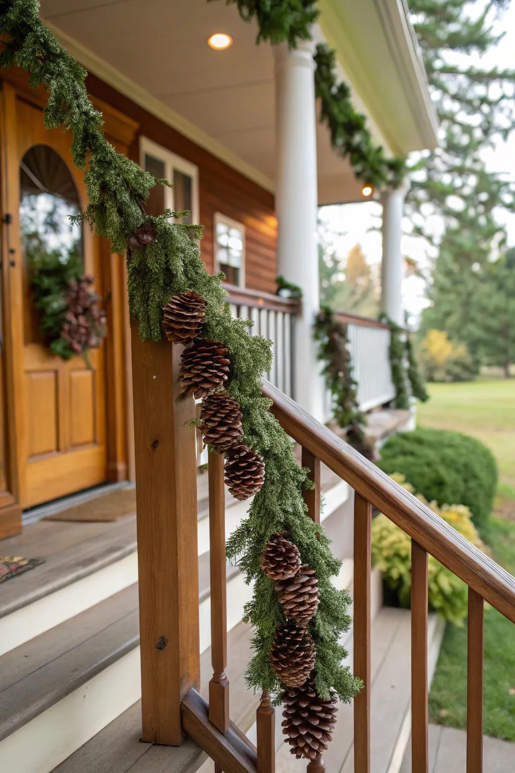 Cone garlands adding a natural and woodland accent to the holiday decorations.