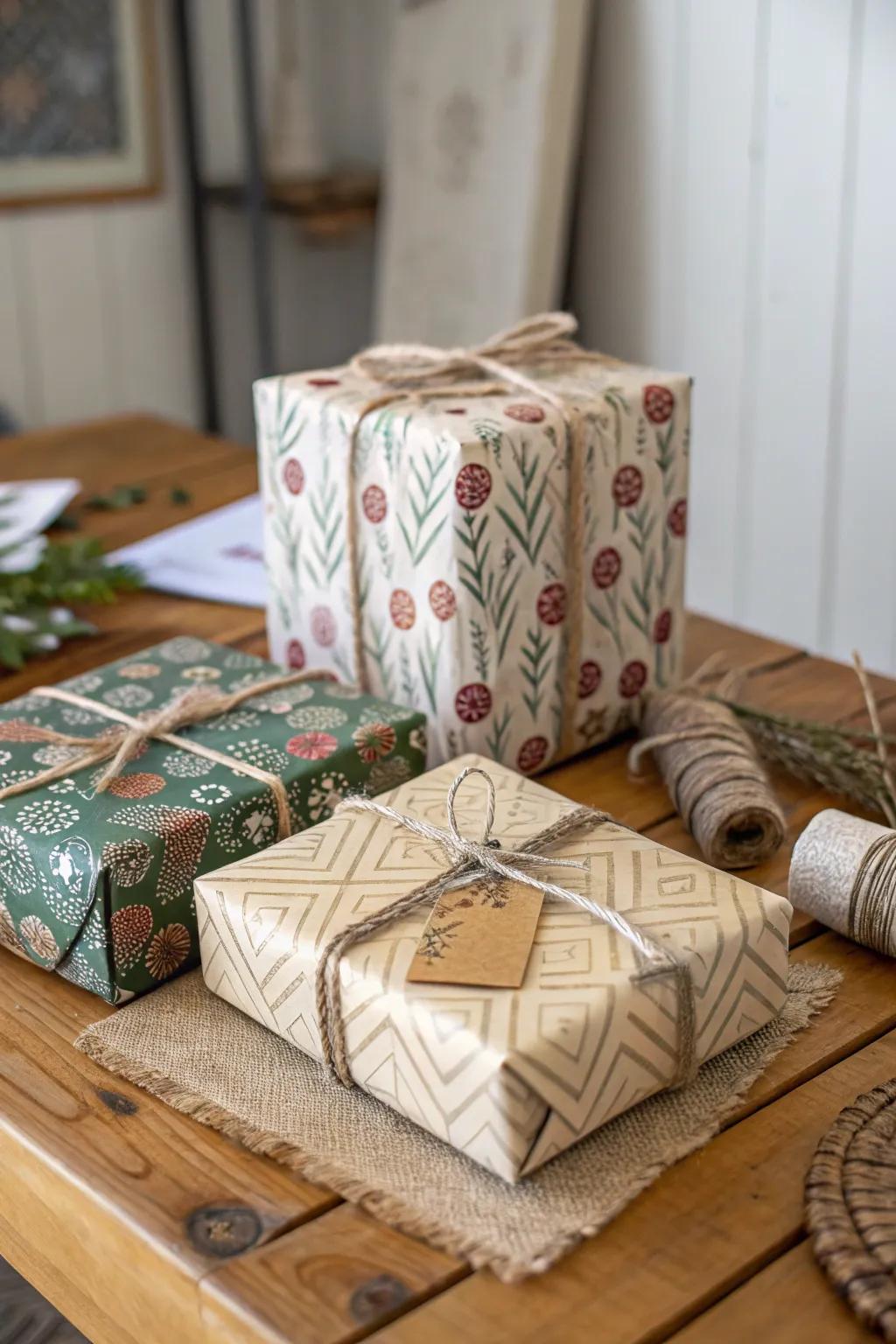 Gifts wrapped in artisan covering, offering a unique presentation.