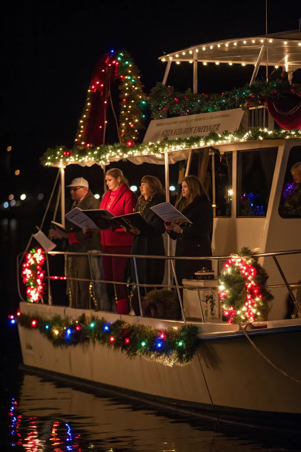 A boat hosting a holiday song fest, spreading joy through music.