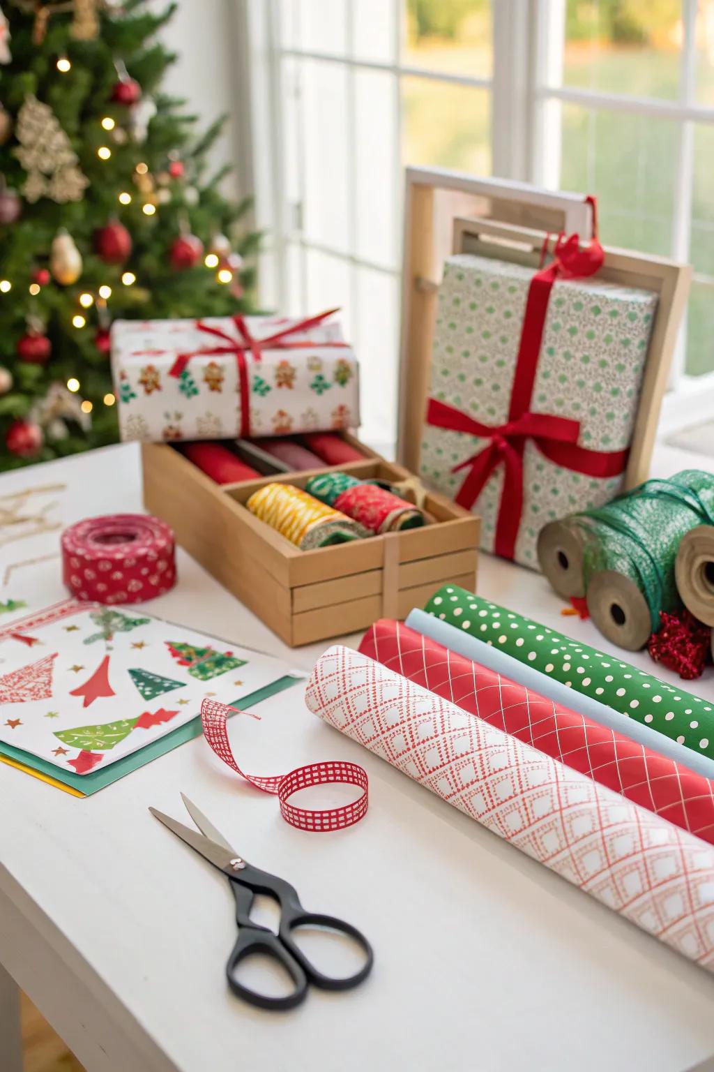 Add a practical and decorative touch with a present dressing station.