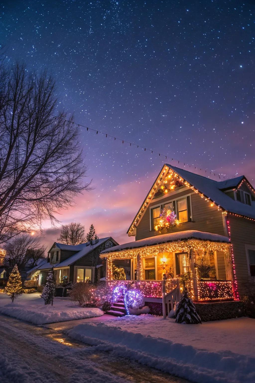 A house beautifully adorned with a dazzling Christmas light display, creating a festive ambiance.