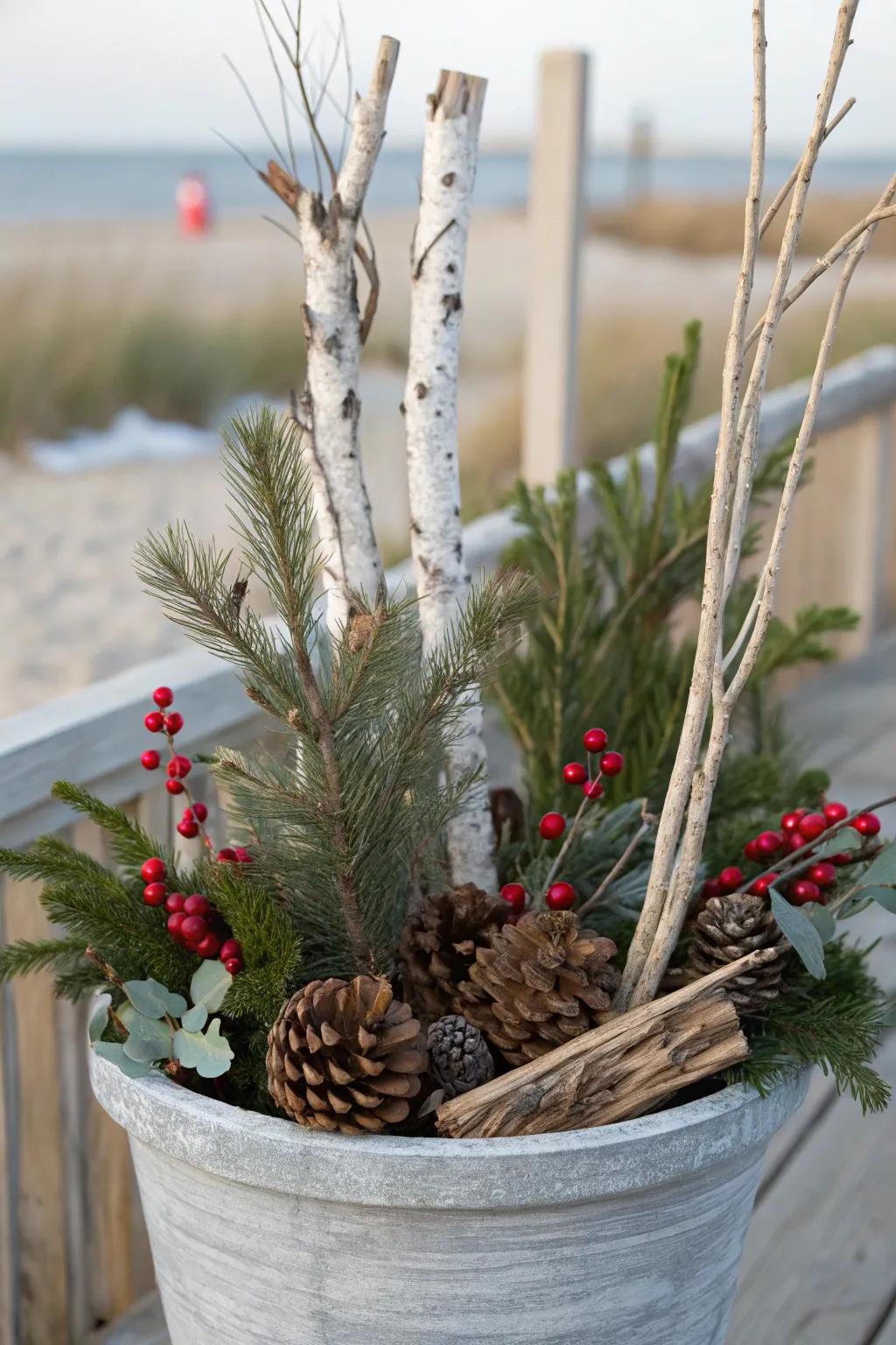 Driftwood adds an organic coastal vibe to holiday decor.