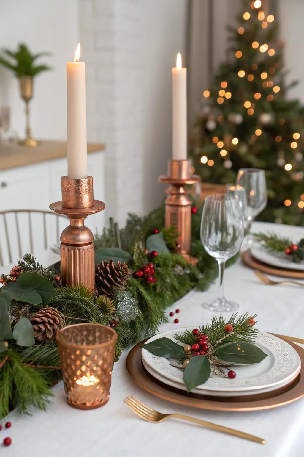 Copper elements inject a warm lustrous radiance into the arrangement.