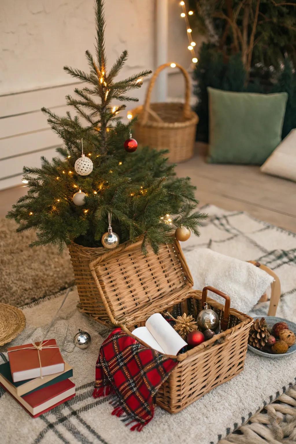 An outdoor meal hamper imparts a playful touch to your tree's footing.