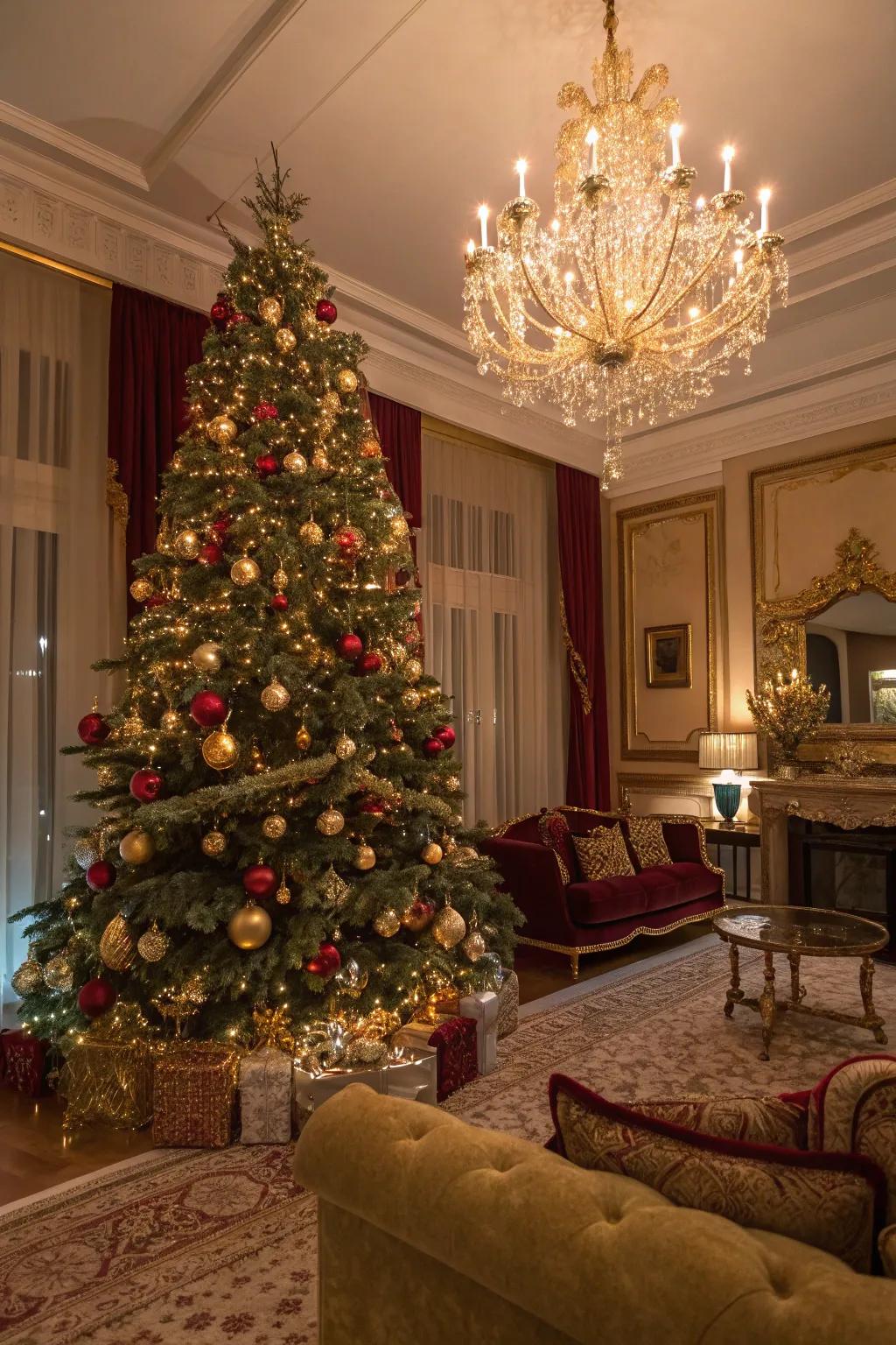 An opulent Christmas tree featuring gold accents and colorful lights, creating a glamorous holiday display.
