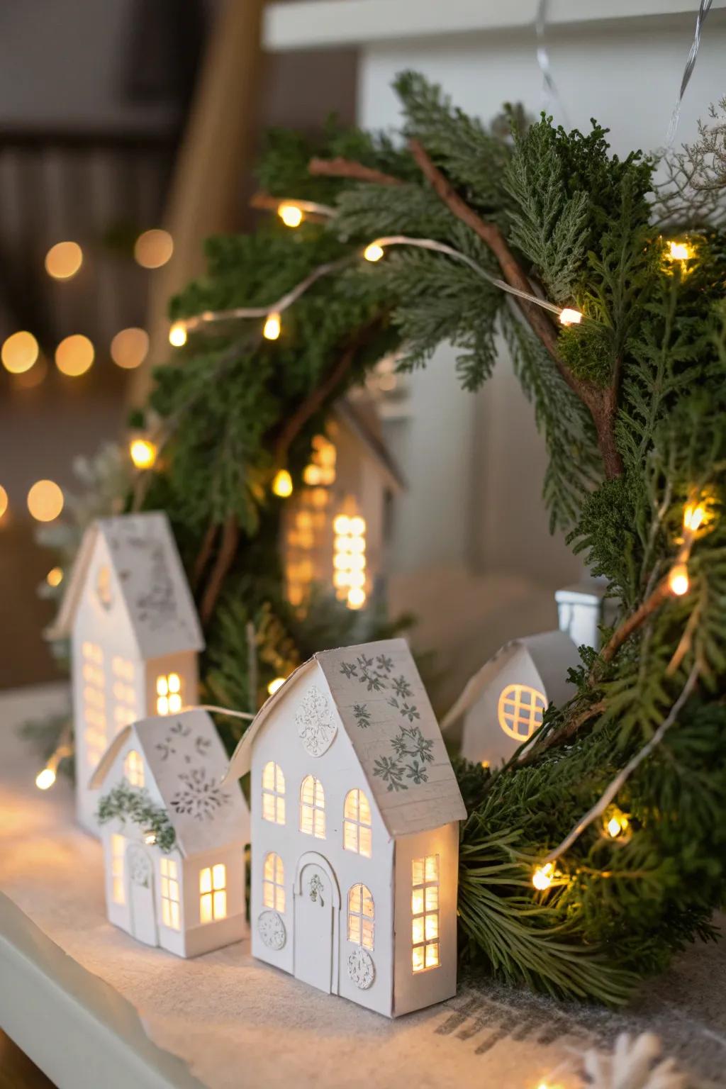 An enchanting paper hamlet wreath featuring miniature abodes and glimmering lights.