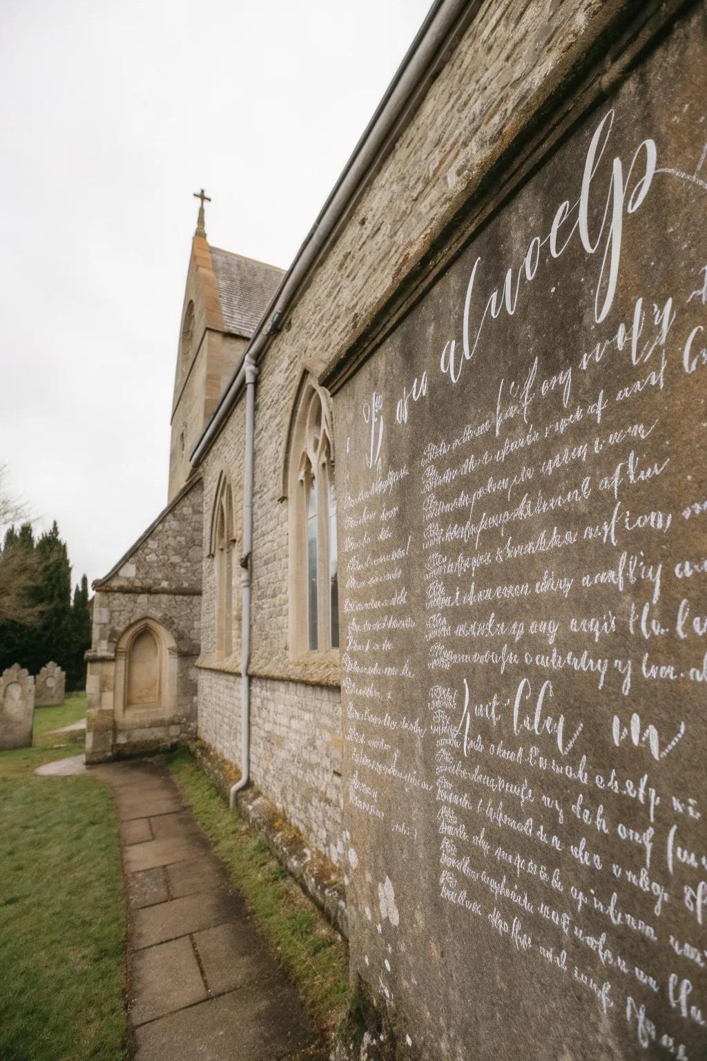 Church wall showcasing inspirational sayings.