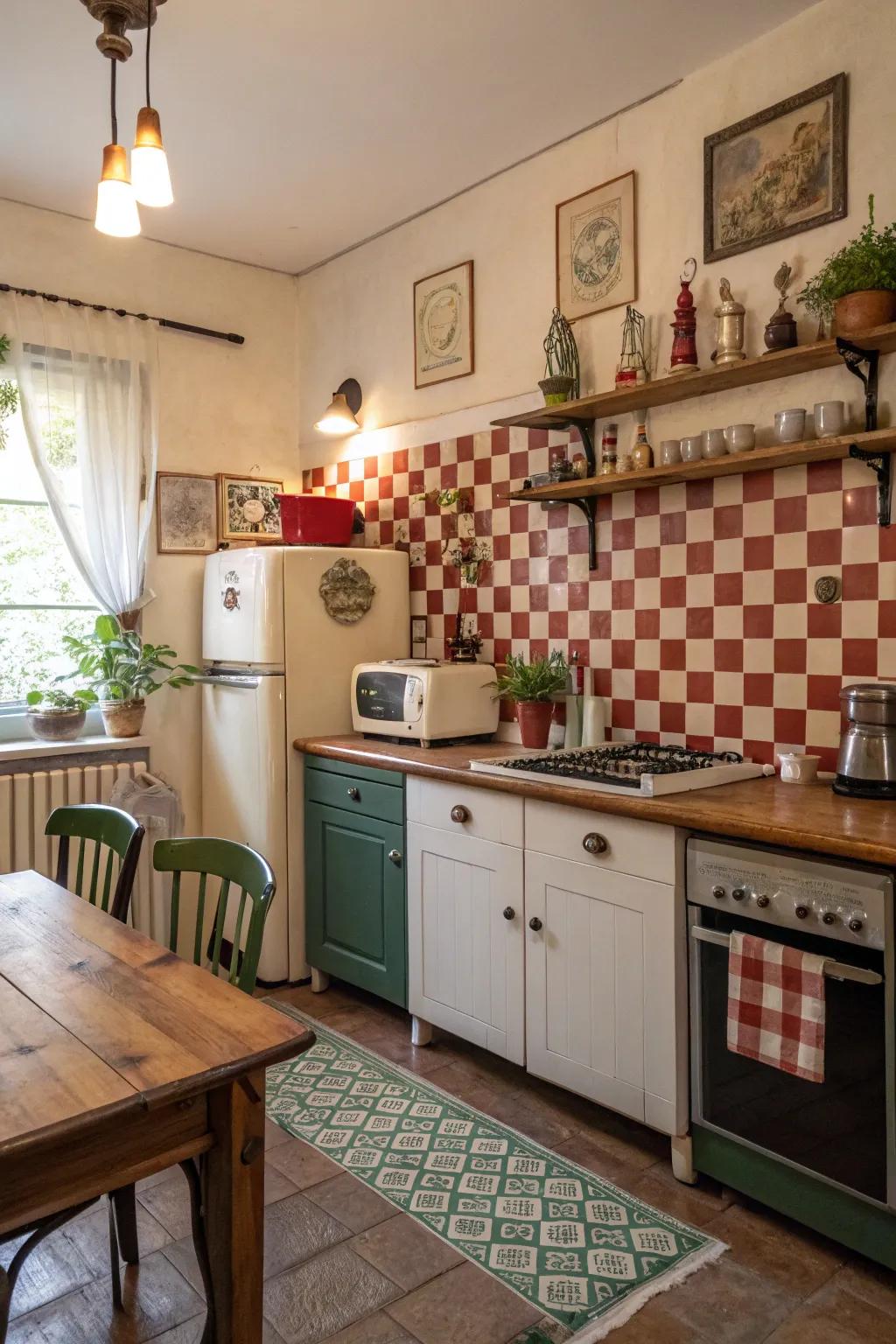 Block patterns add playful interest to this classic kitchen.