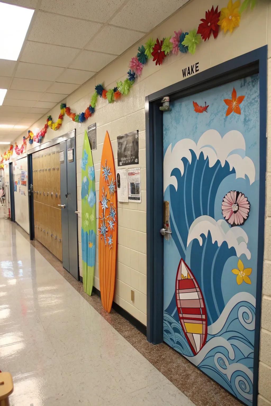 A surf-themed classroom door featuring surfboards and swells.