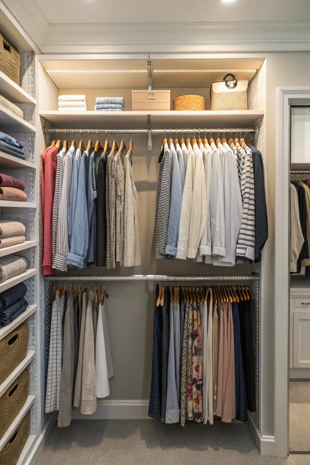 Multi-level rails organize clothing into clear, manageable spaces.