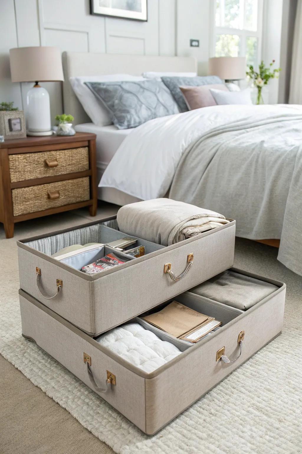 Under-bed storage boxes keep items hidden.