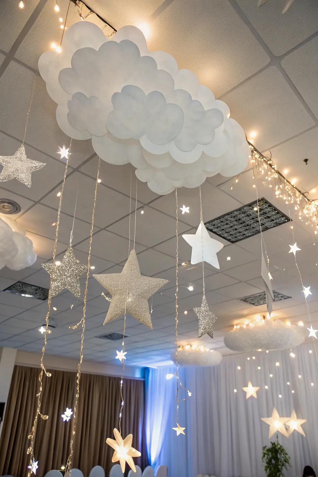 A celestial ceiling display with clouds and stars imparts an enchanting accent to the venue.