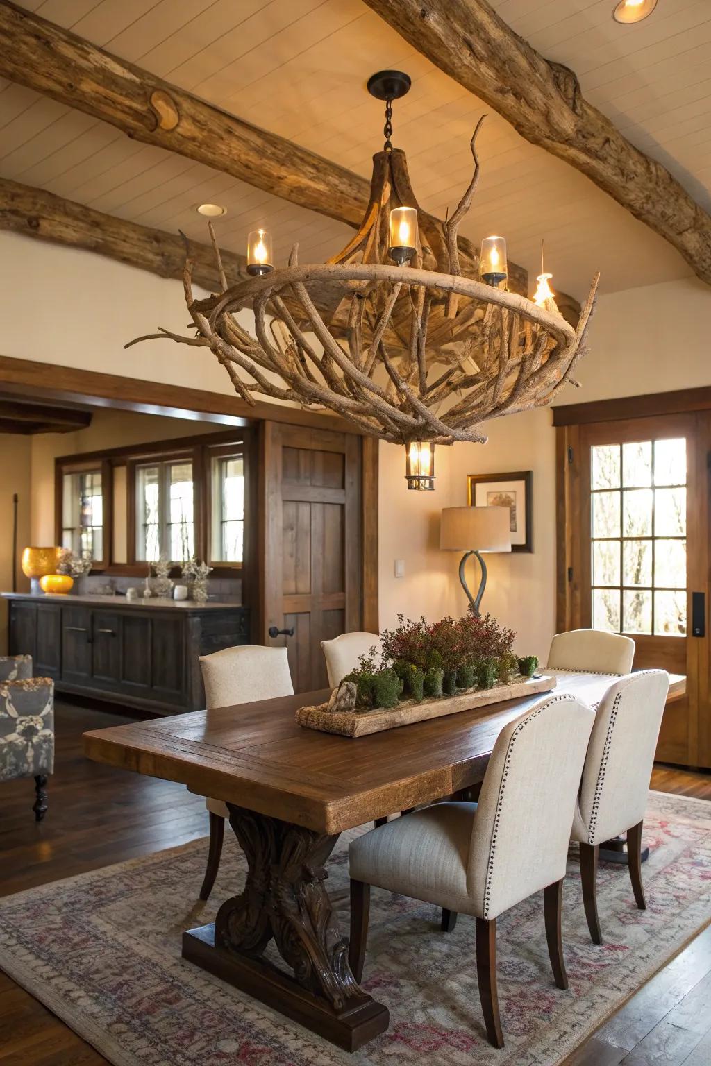 A wood chandelier offers a dramatic coastal centerpiece.