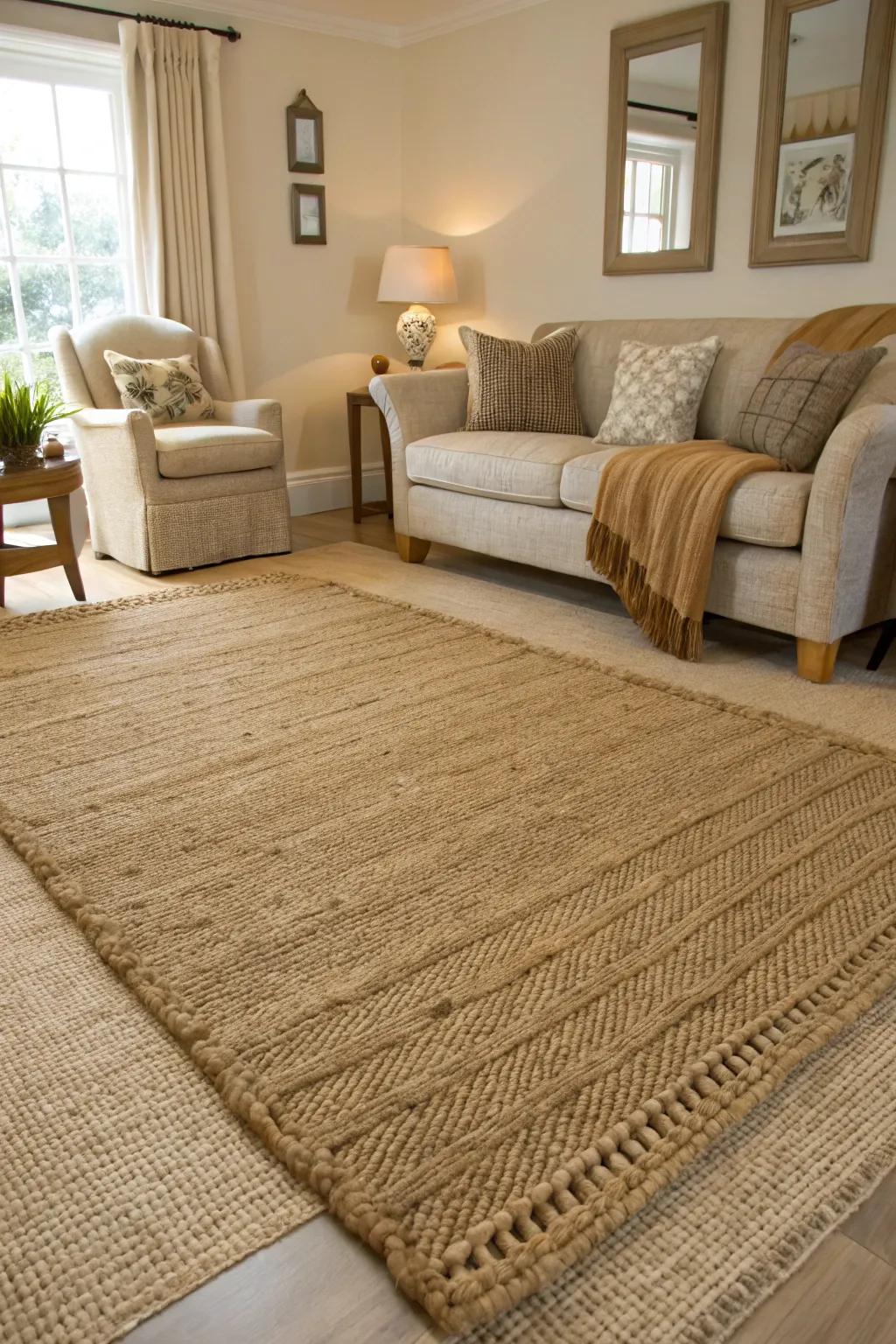 Bold rugs ground and define coastal farmhouse interiors.