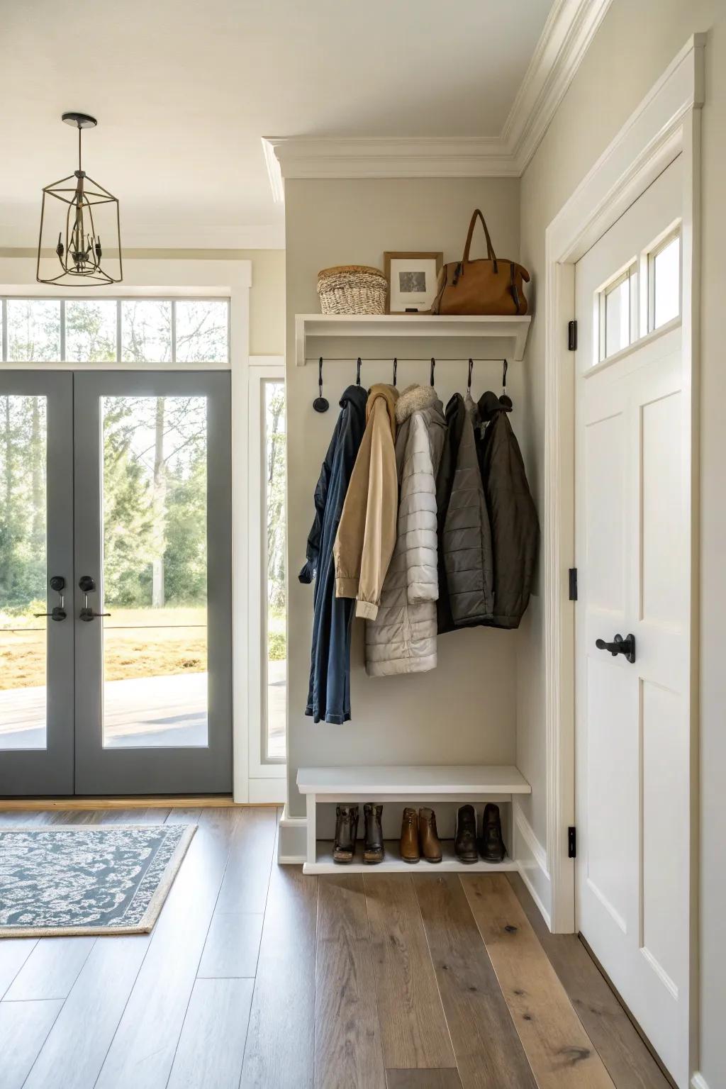 A floating coat rack blueprint that extends a weightless and unobstructed aesthetic.