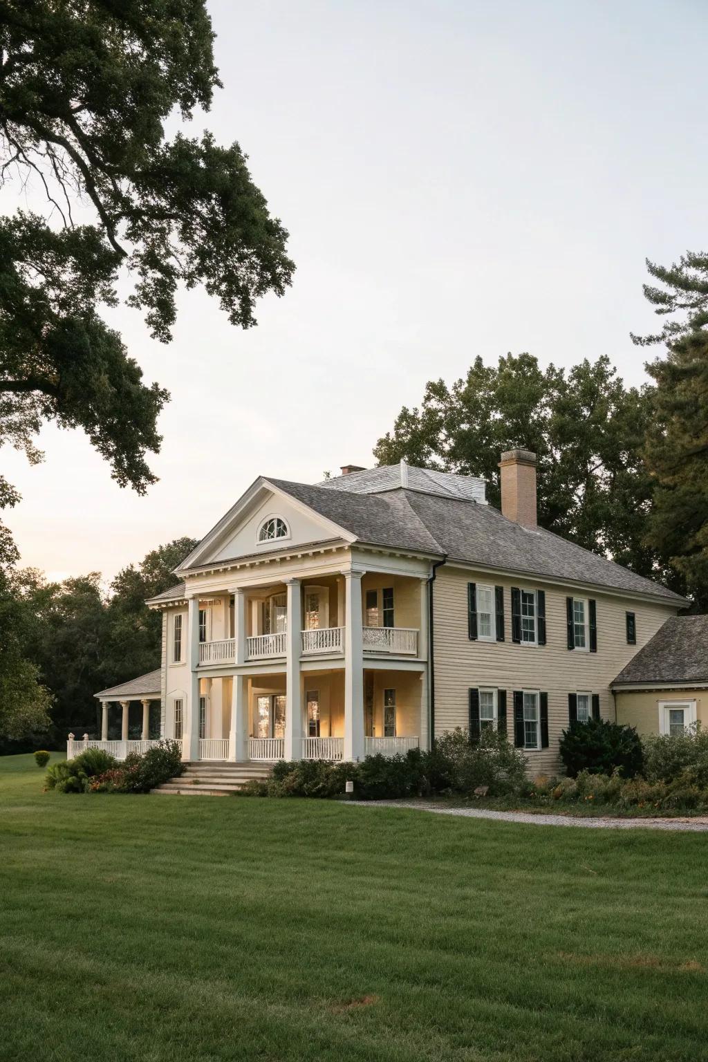 A modern colonial house featuring a stone frontage and off-white trim.
