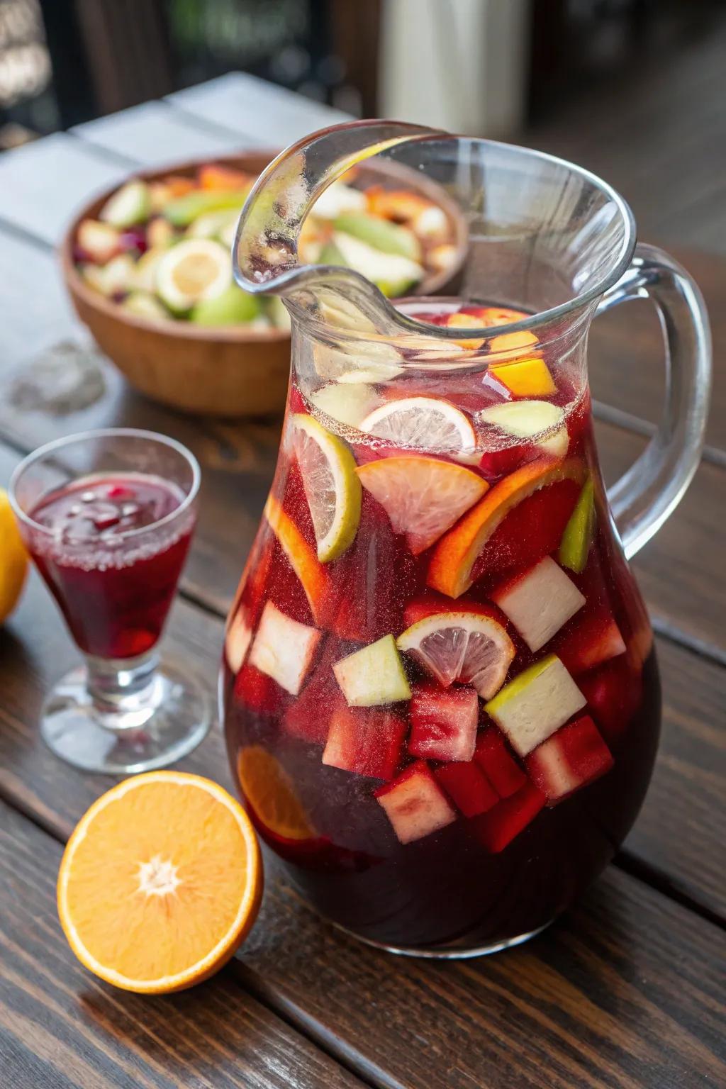 A vibrant pitcher of scarlet wine fruit punch ready to be enjoyed.