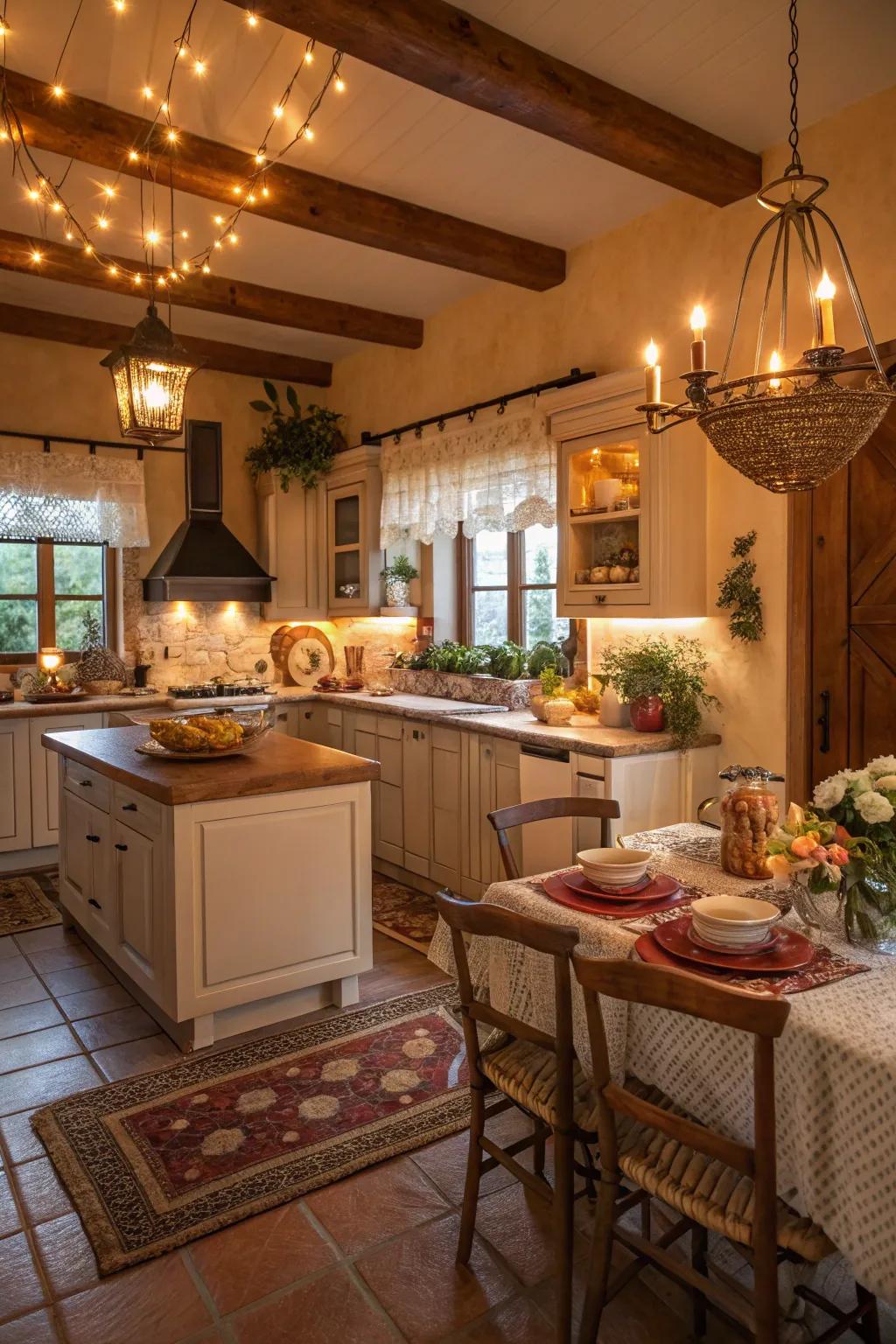 Tiered illumination enhances the warmth and richness of the cooking area.