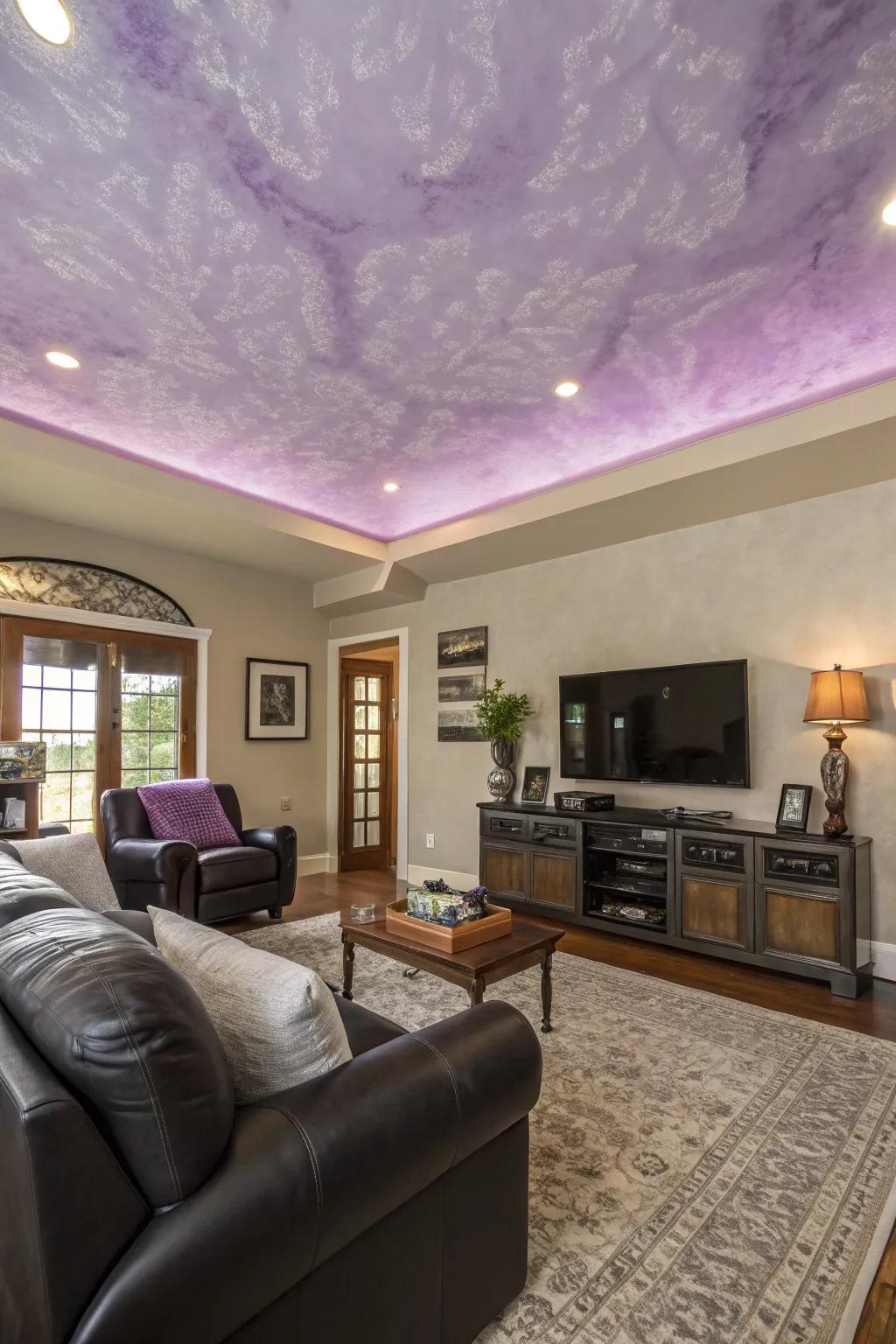 A soft lavender ceiling adds a surprising element to this modern living room.