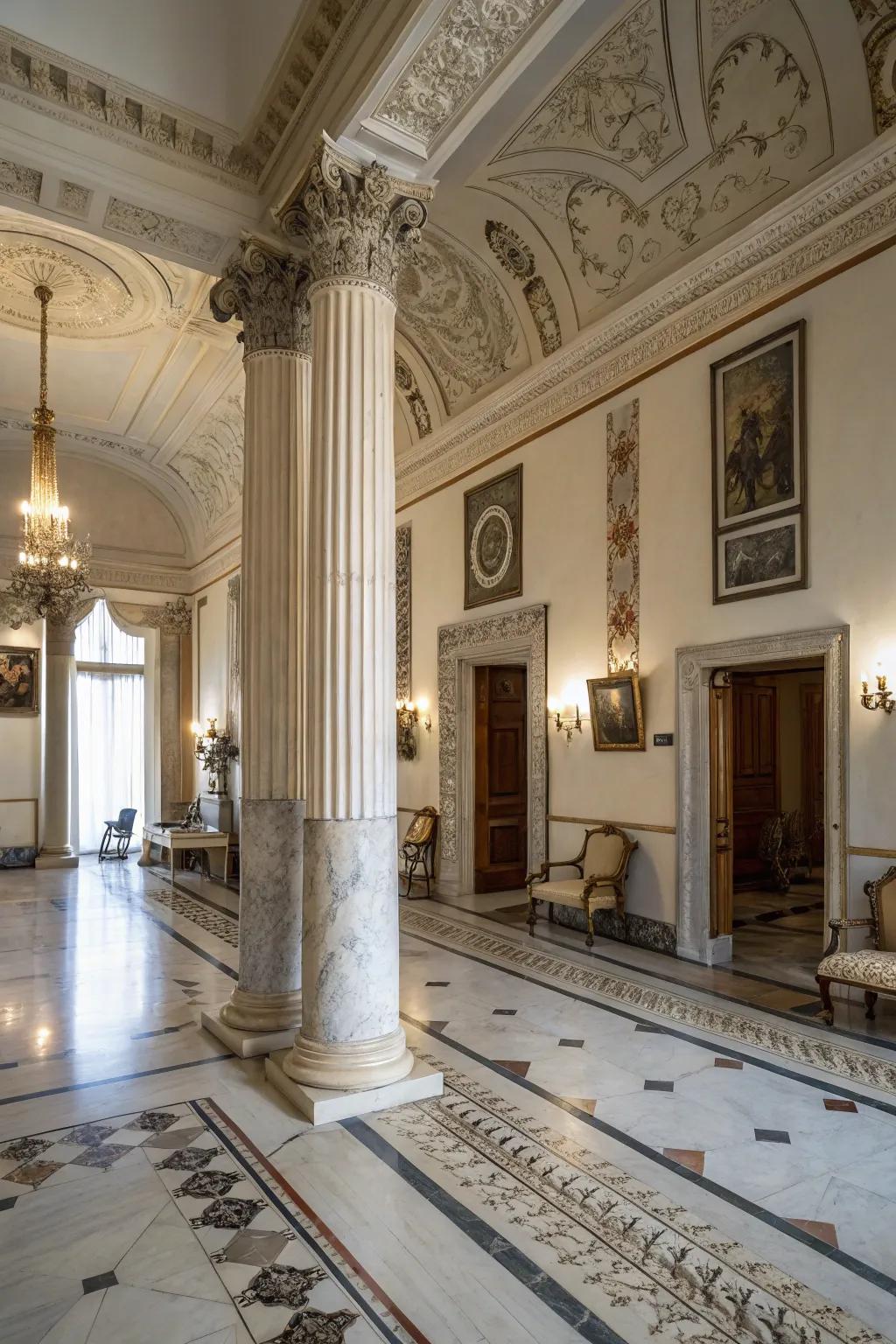 Greek-inspired columns enhance the sophistication of an elegant interior.