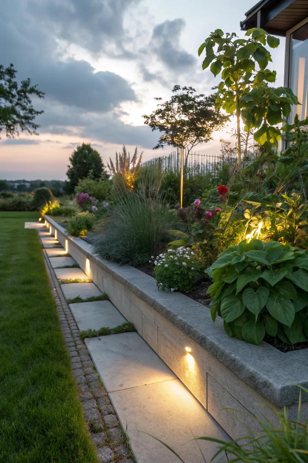 Built-in lights in concrete edging improve evening ambiance.