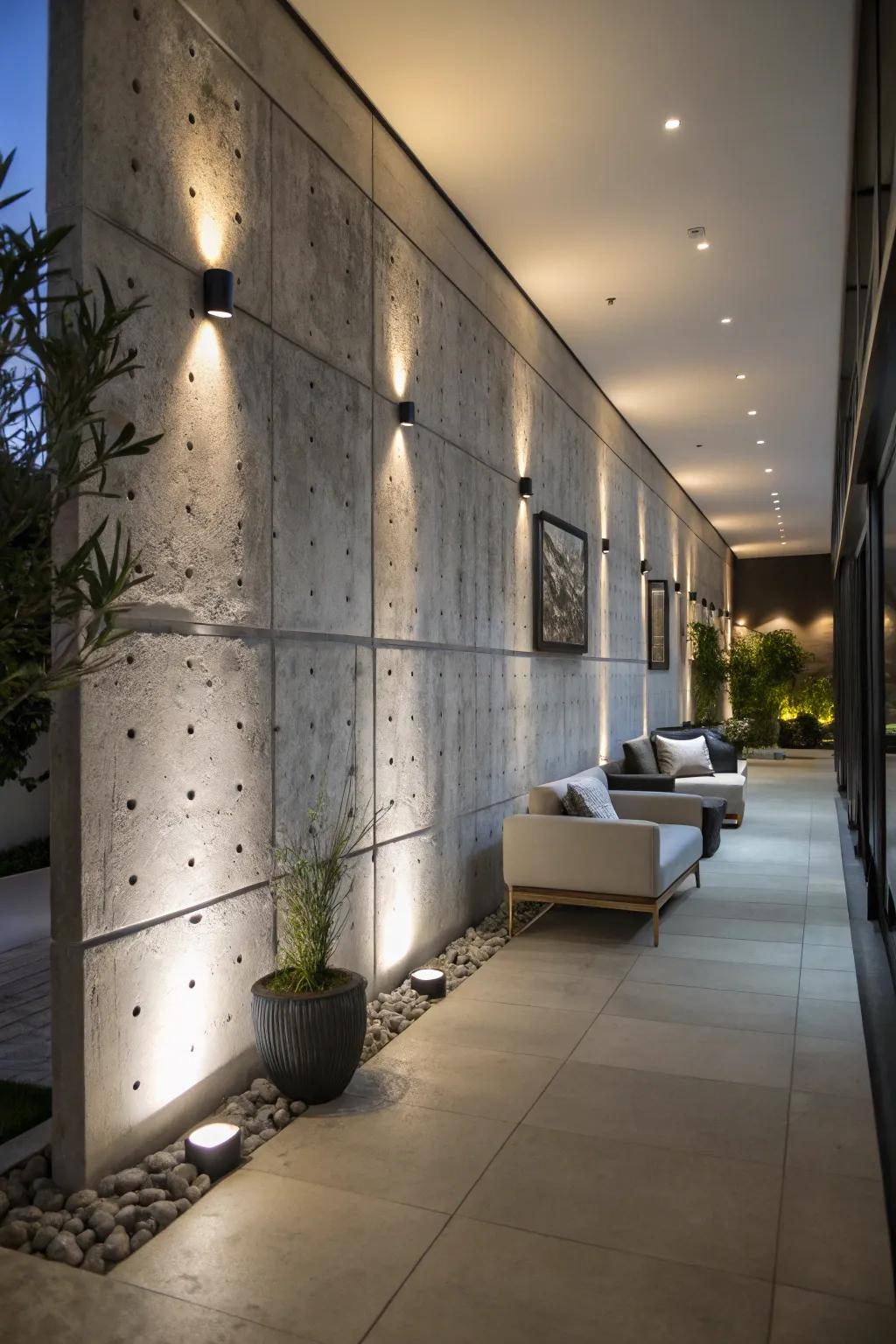 Lighting effects enhance the sophistication of exposed walls.