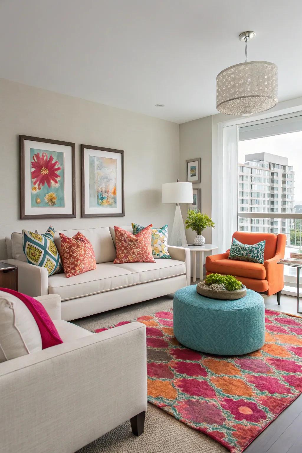 A condo interior featuring unexpected splashes of color in decor and upholstery.