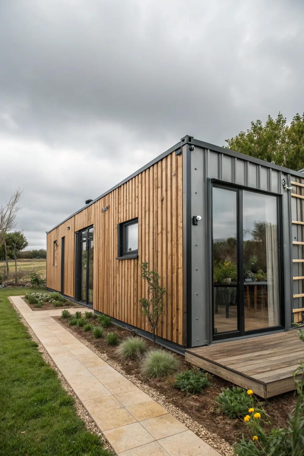 A container home displaying creative external paneling.