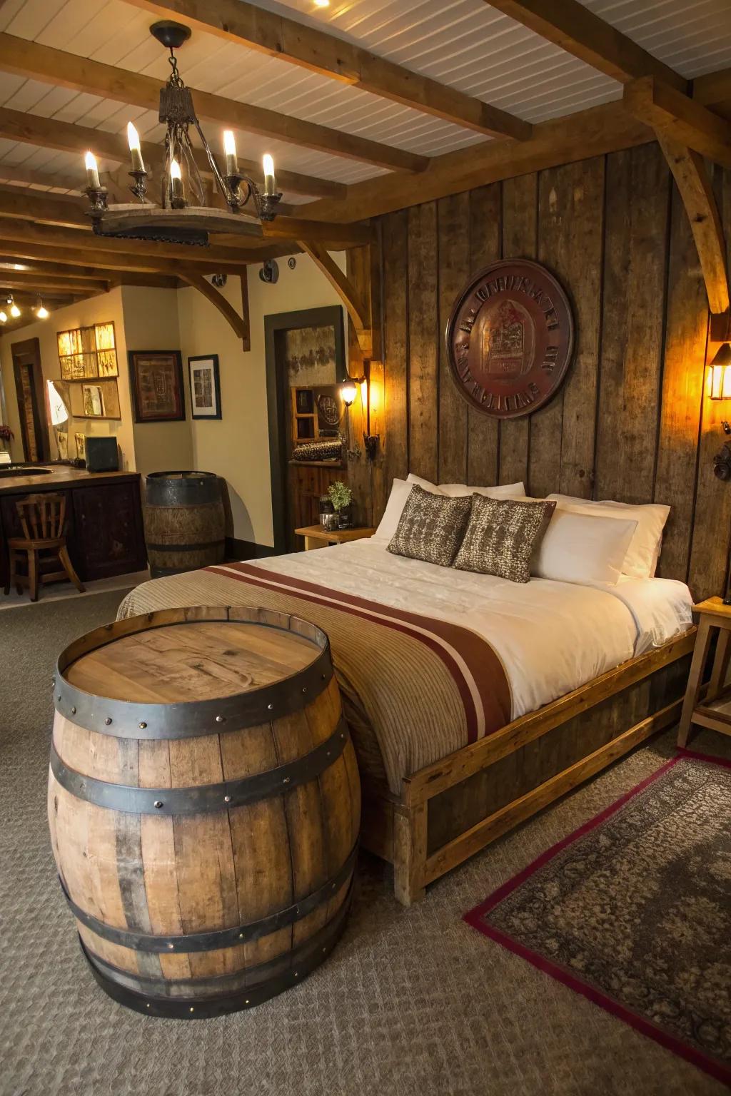 A brew cask bed introduces rustic charm and a hint of whimsy to your sleeping quarters.