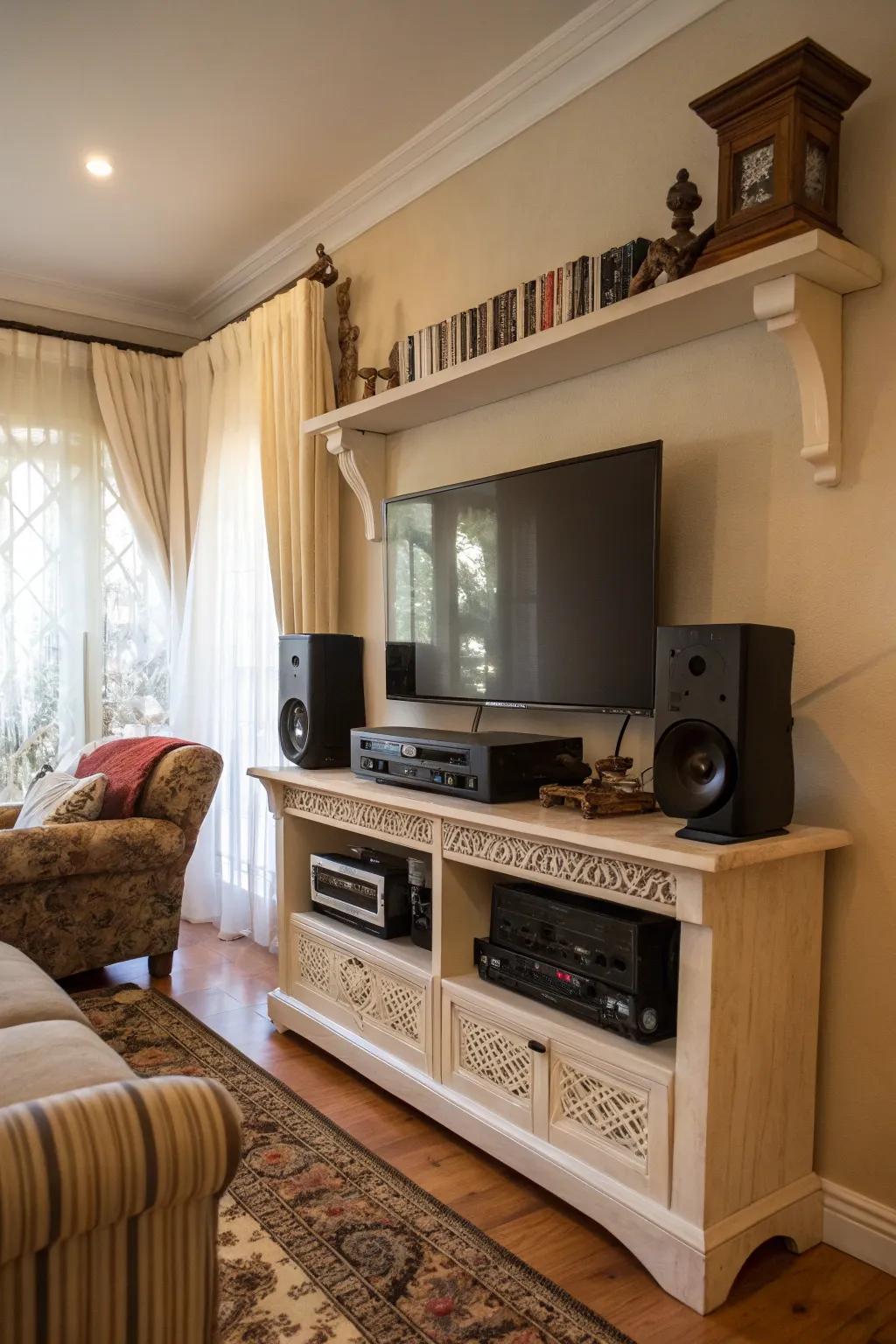 Shelves with supports fabricate functional media hubs.