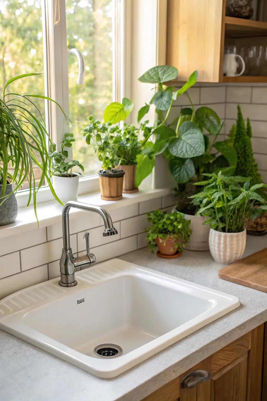 Plants behind a corner sink, bringing a refreshing and natural feel to the kitchen.