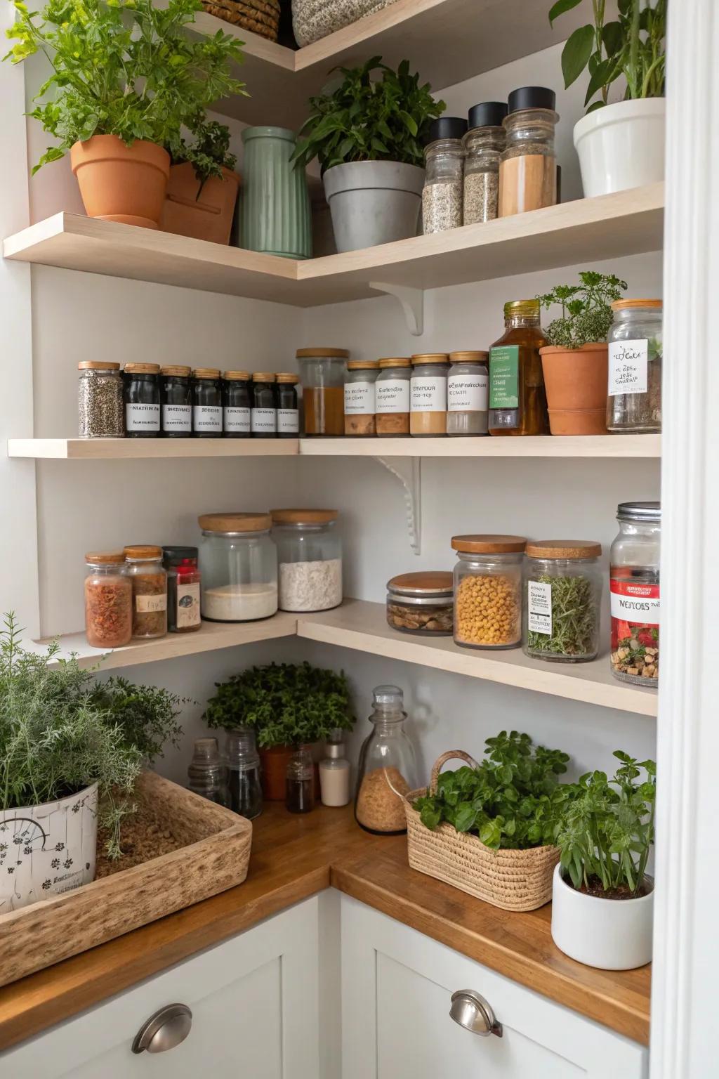 Greenery in a corner pantry adds a fresh touch.