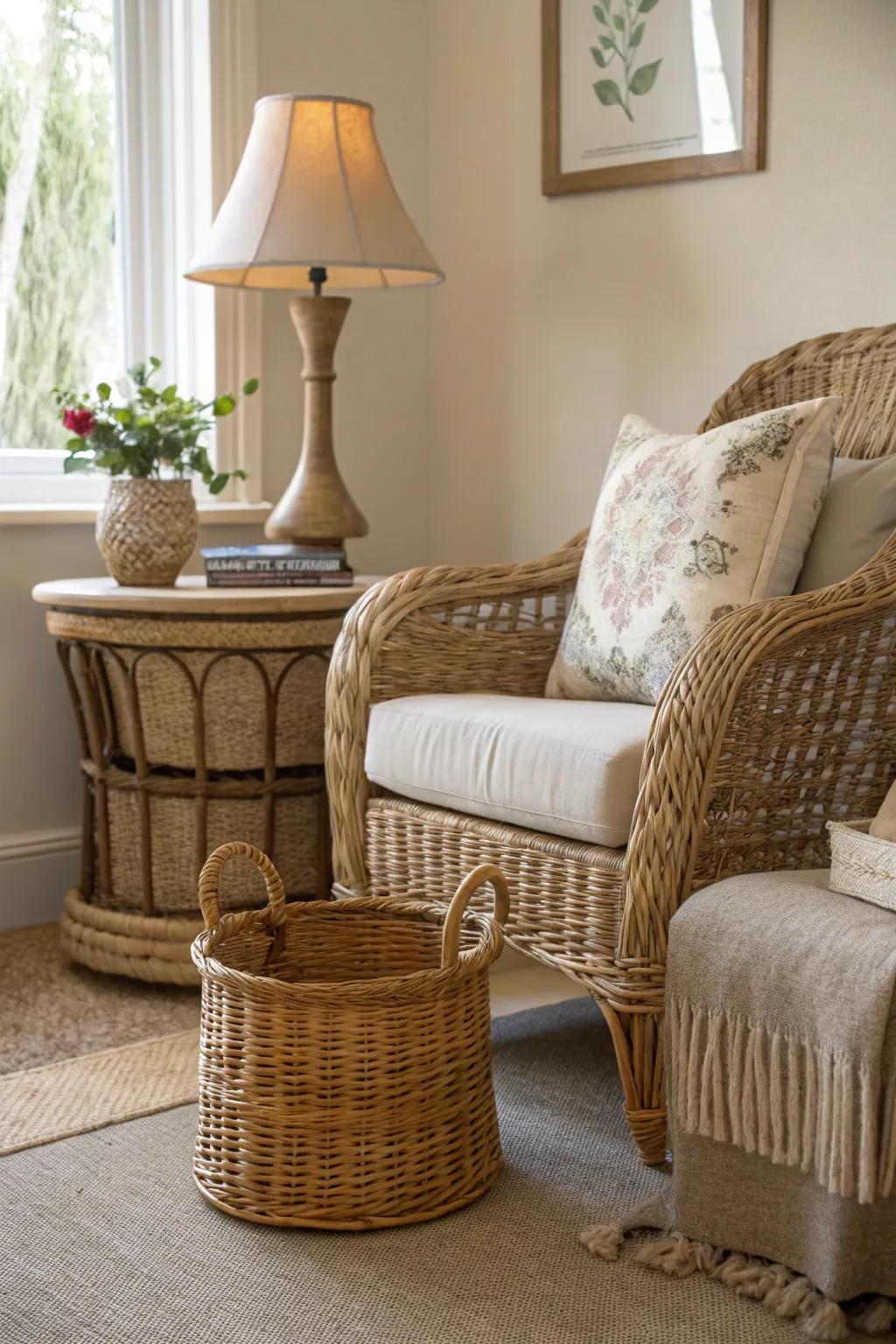 Wicker decor that introduces texture and warmth.