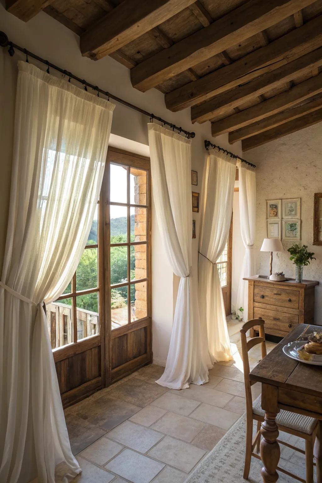 Elevated curtains maximize light and establish an airy sensation.