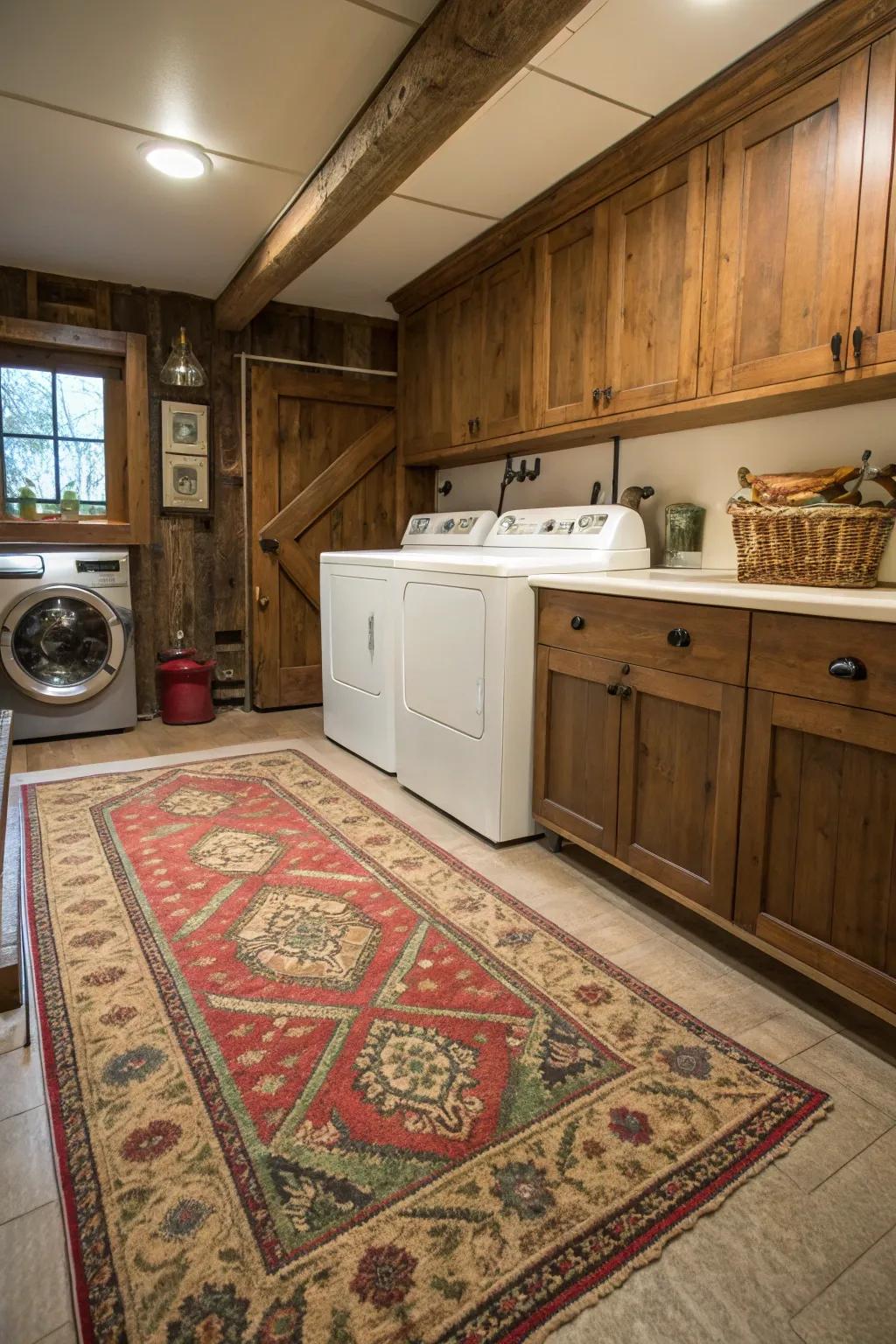 A traditional floor covering brings warmth and color to your laundry area.