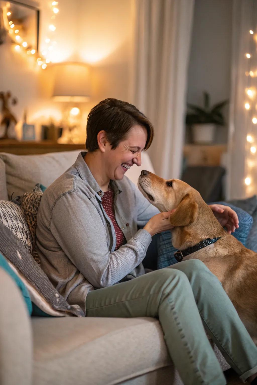 Fun pet pose adds a heartwarming touch to your scene.