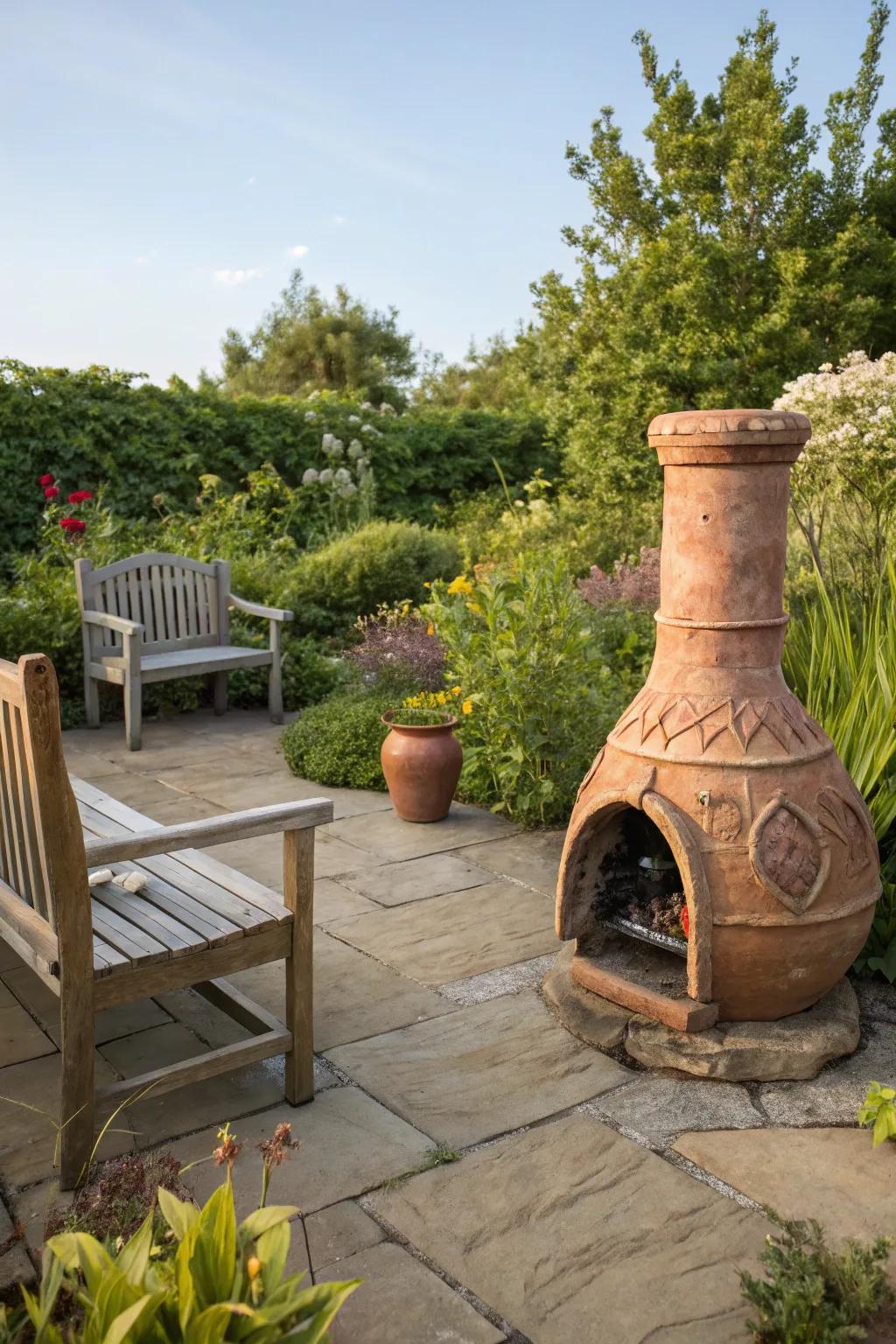 A simple chiminea offers warmth and a traditional touch to your backyard.